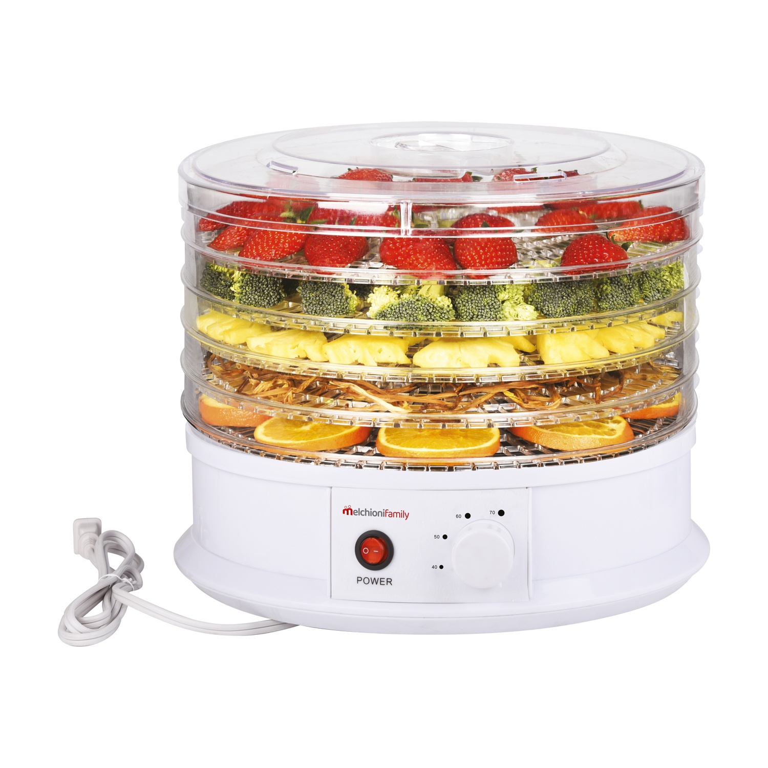 Essiccatore alimentare Melchioni Family bianco, con vassoi di frutta e verdura.