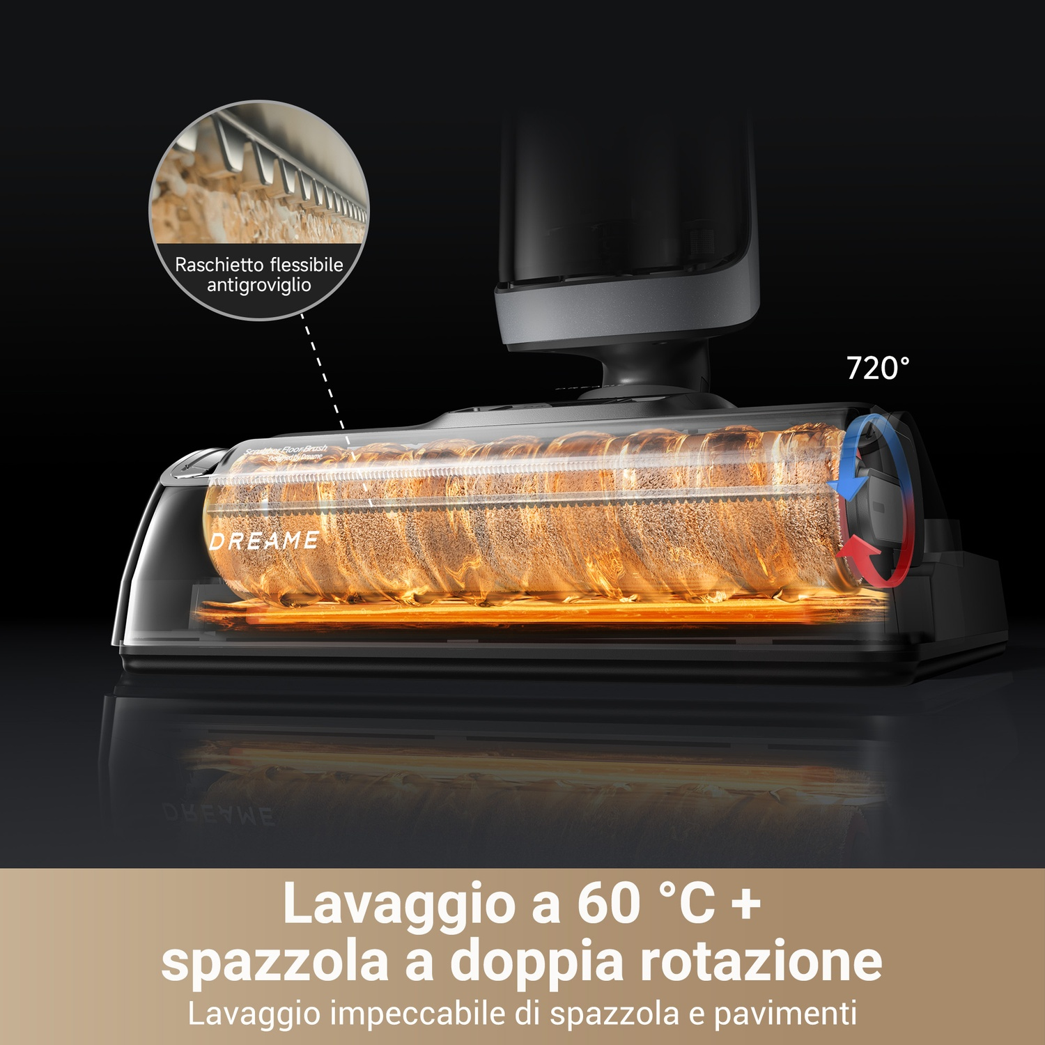 Primo piano della testina di pulizia di un aspirapolvere. Testo in italiano.