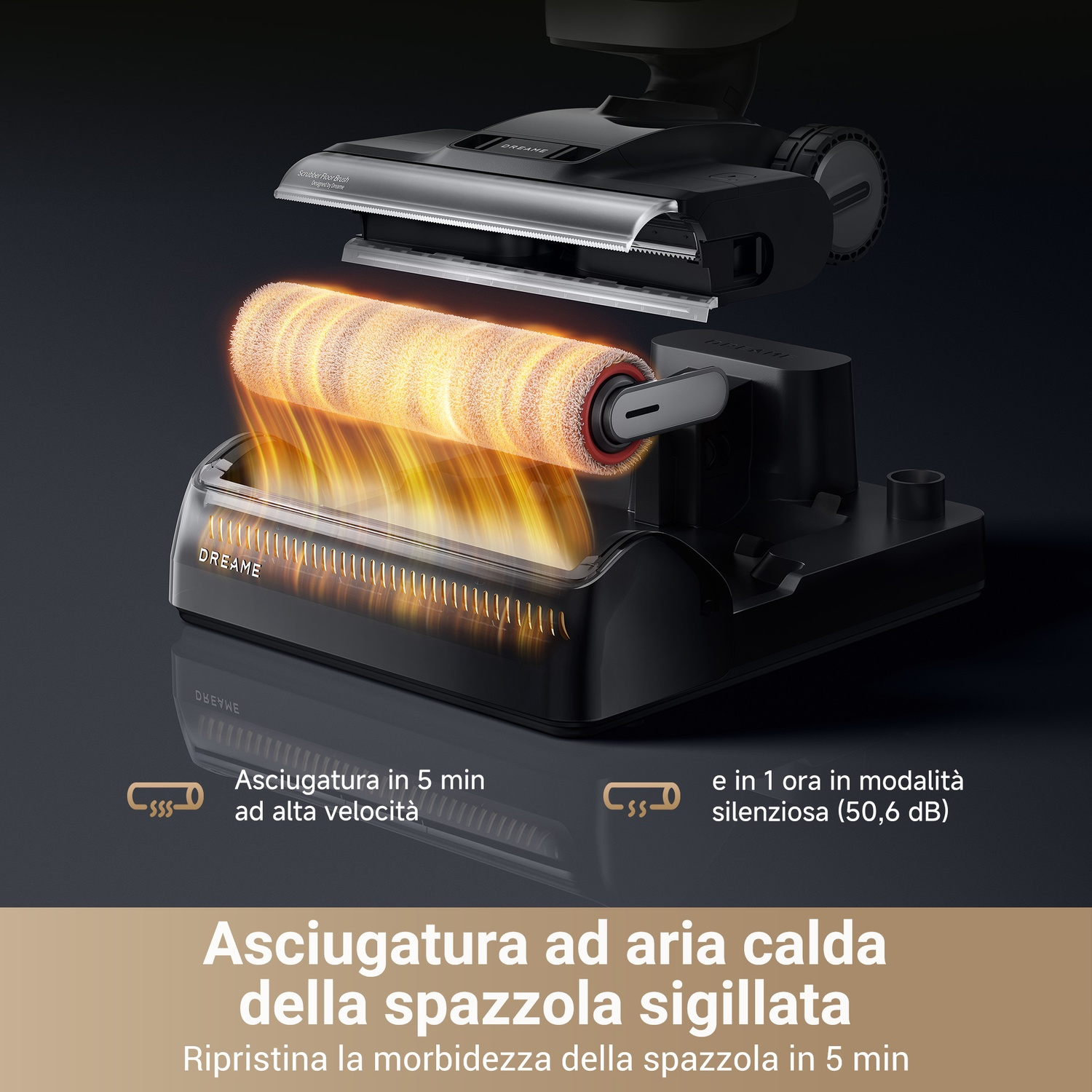 Testa dell'aspirapolvere con spazzola a rullo in azione, che mostra il processo di asciugatura ad aria calda.