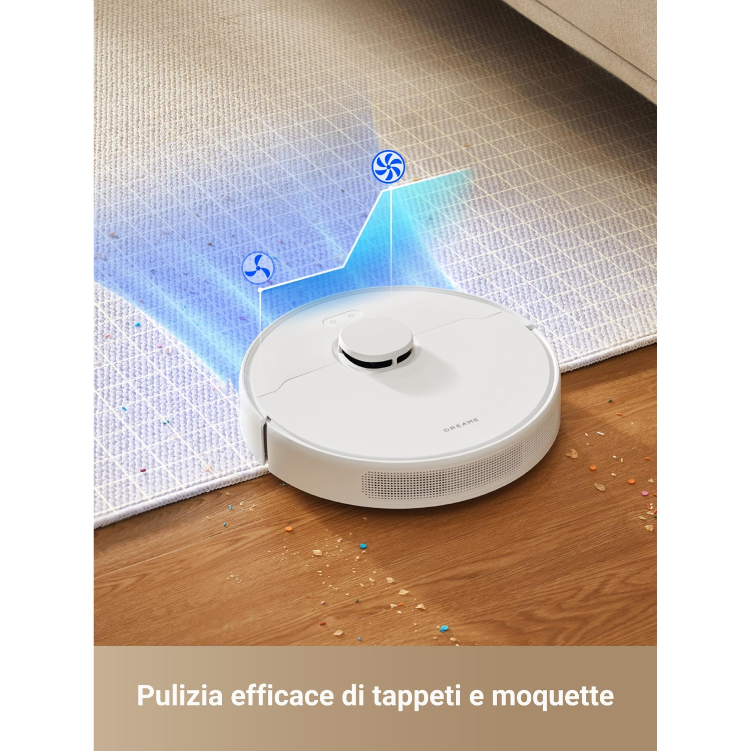 Un aspirapolvere robotico bianco in movimento su un tappeto, con linee di flusso d'aria che mostrano il percorso di pulizia.