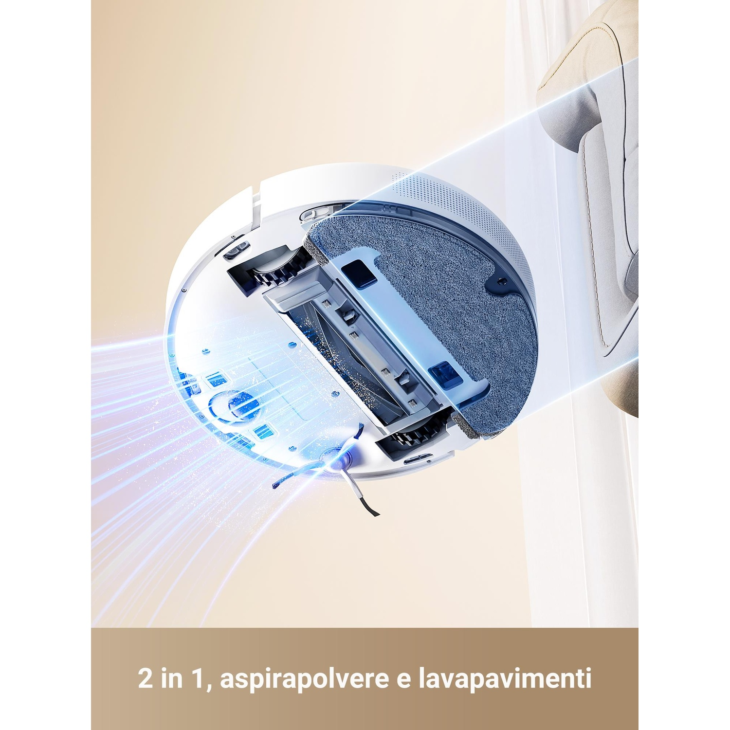 Aspirapolvere robot in vista esplosa, scie di luce blu.