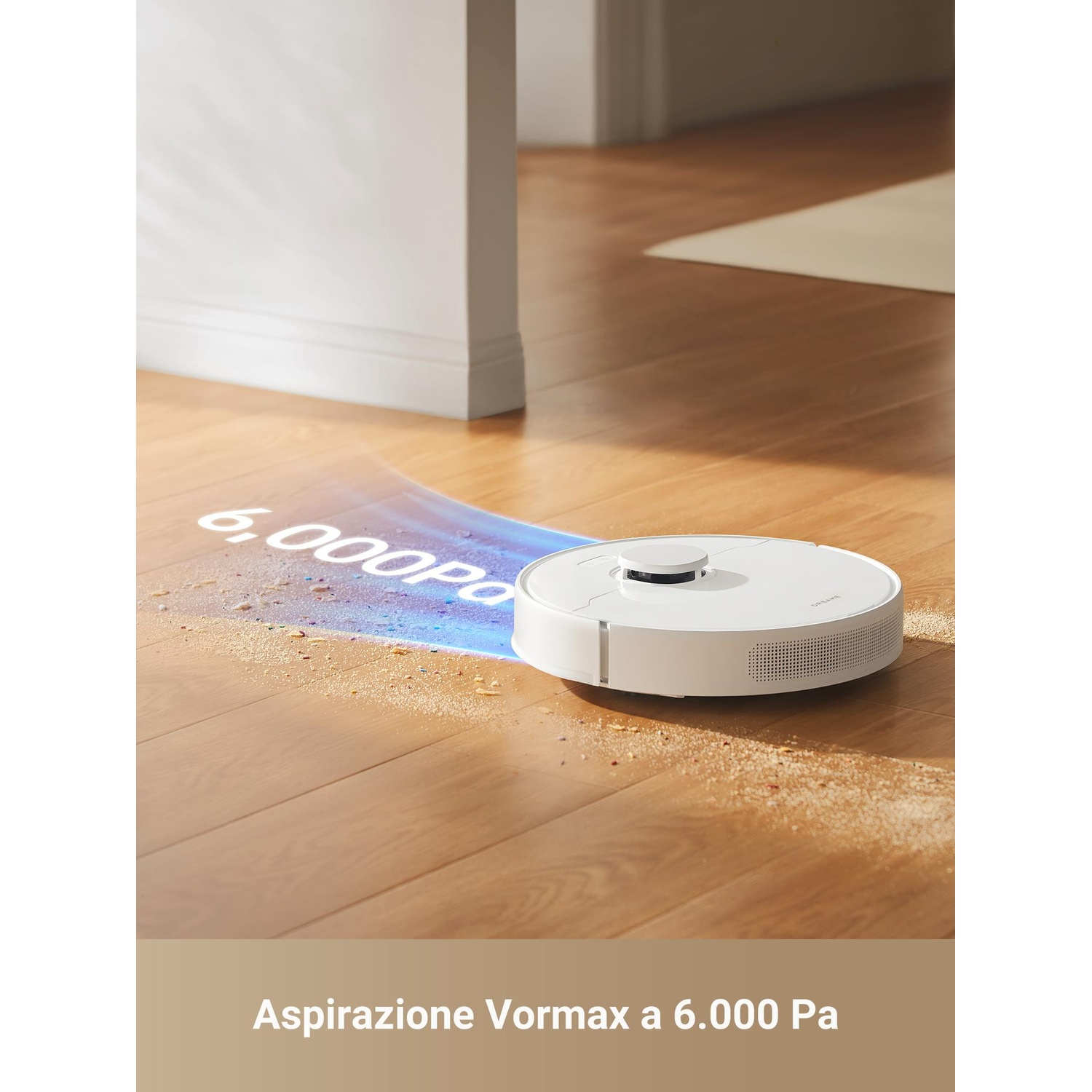 Un aspirapolvere robotico bianco su un pavimento in legno, che mostra il percorso del flusso d'aria con un valore numerico.