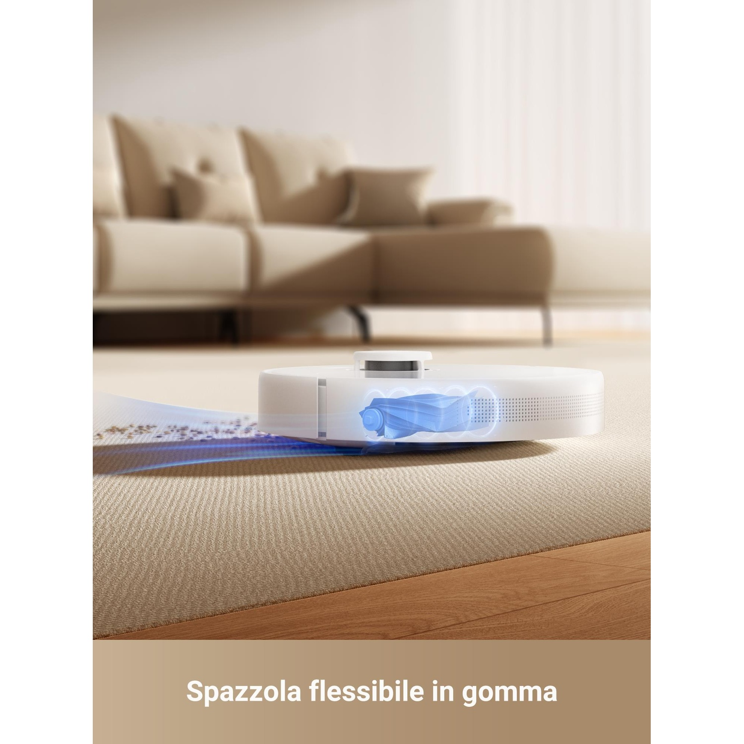 Aspirapolvere robotico bianco su un tappeto, con linee blu di flusso d'aria che indicano il funzionamento.