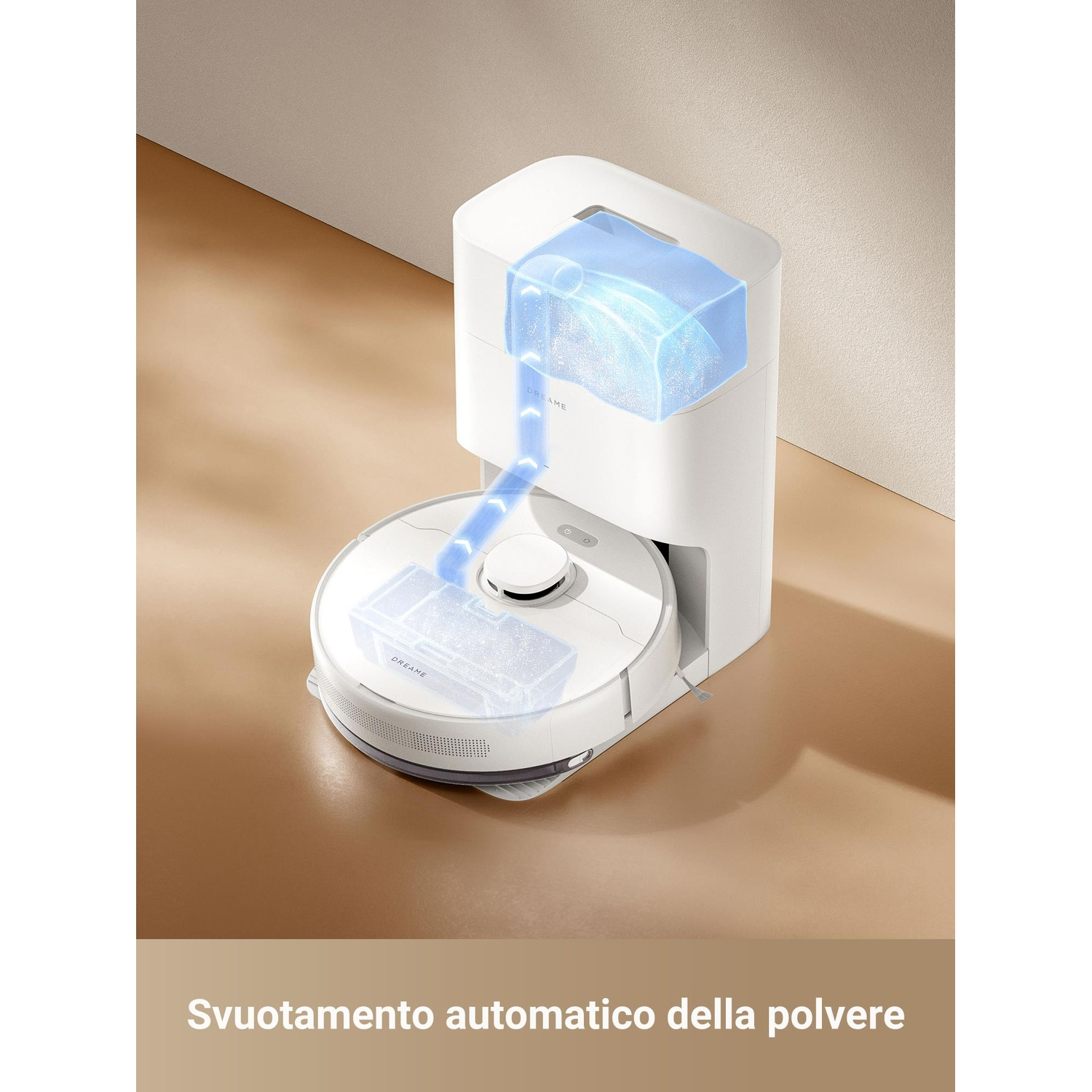 Un robot aspirapolvere con testo che indica lo svuotamento automatico della polvere.
