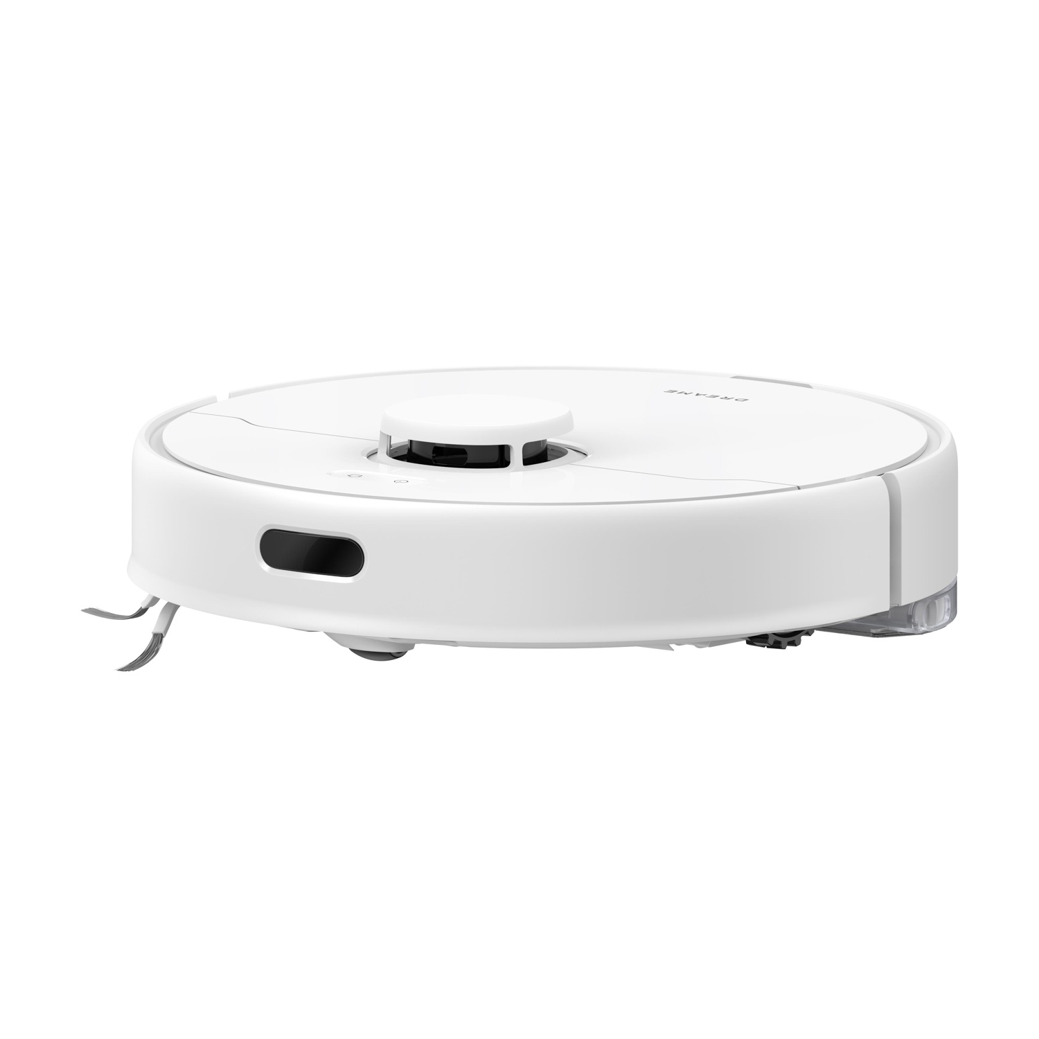 Aspirapolvere robot bianco. Forma rotonda, vari sensori e piccole spazzole. Sfondo bianco.
