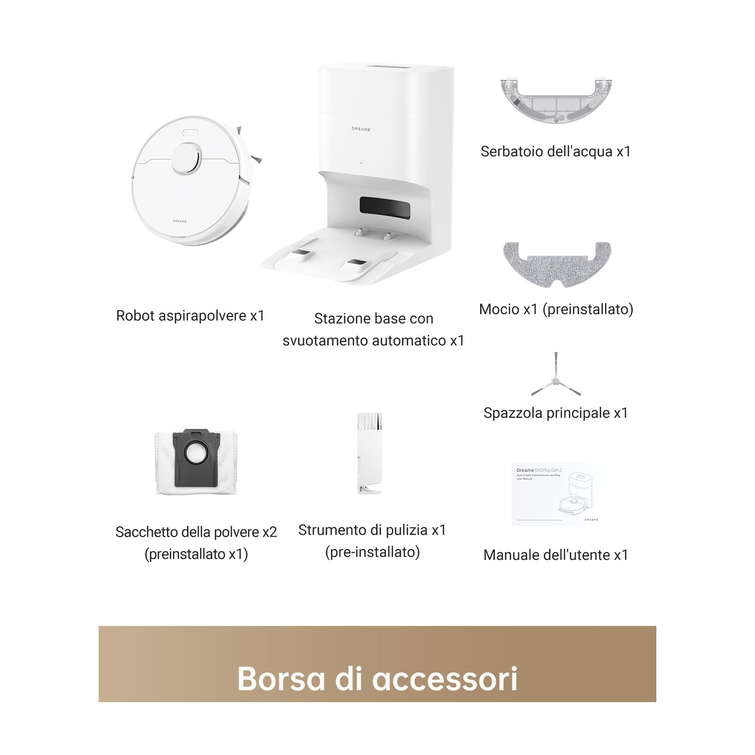 Una collezione di accessori per aspirapolvere, tra cui un robot, una base e strumenti di pulizia.