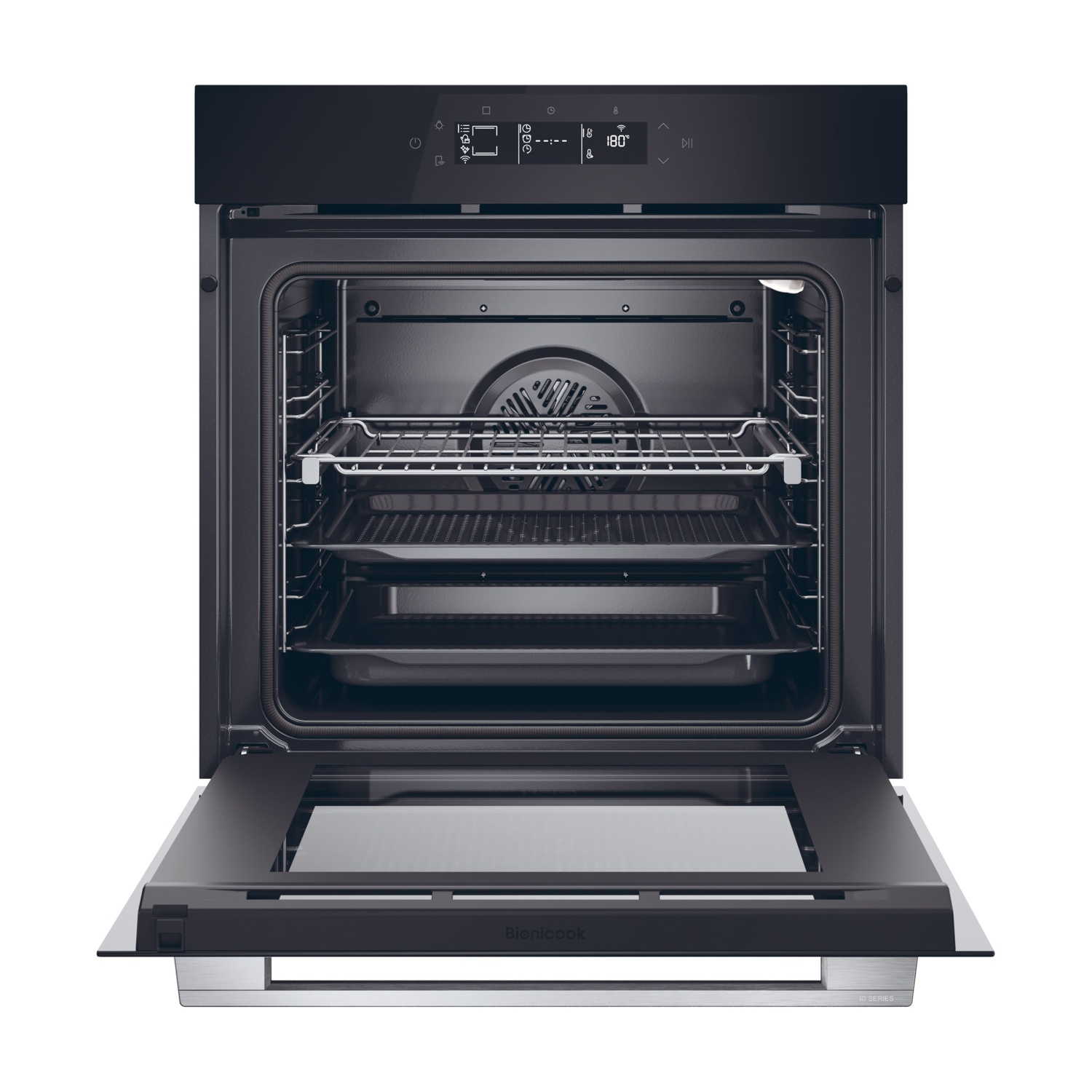 Un forno aperto con ripiani interni e una porta a vetro.