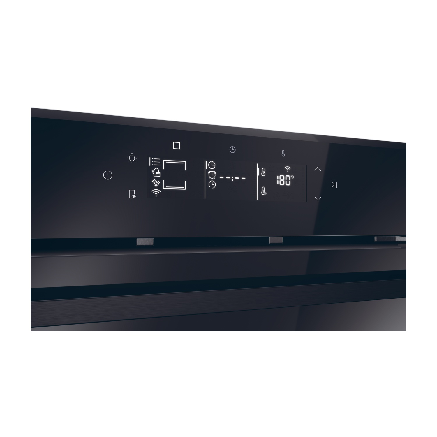 Primo piano del pannello di controllo di un forno con display che mostra icone e impostazioni di temperatura.