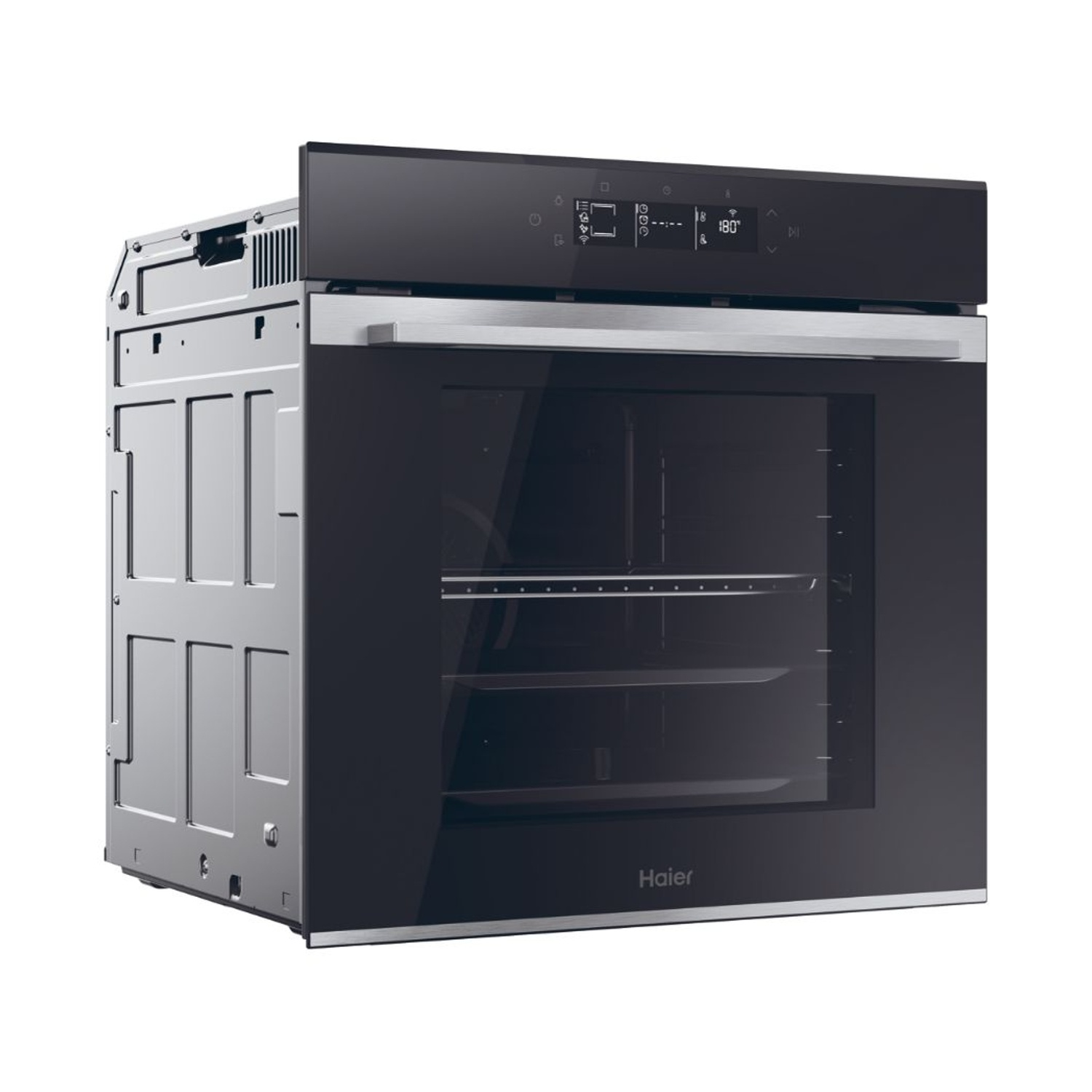 Un forno elettrico Haier argento e nero. Ha una porta in vetro e un display digitale.