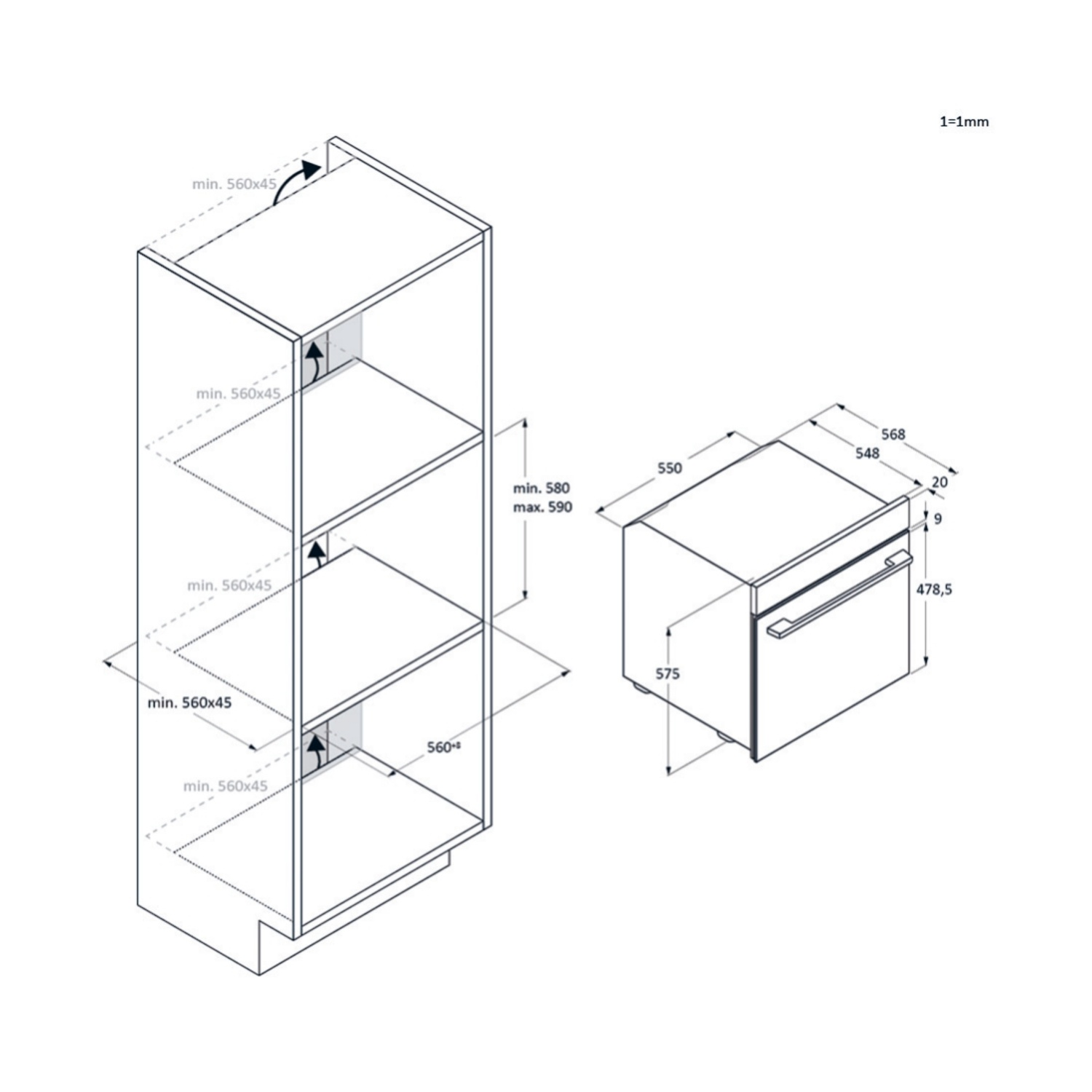 Un diagramma con le misure per un mobile e un forno.