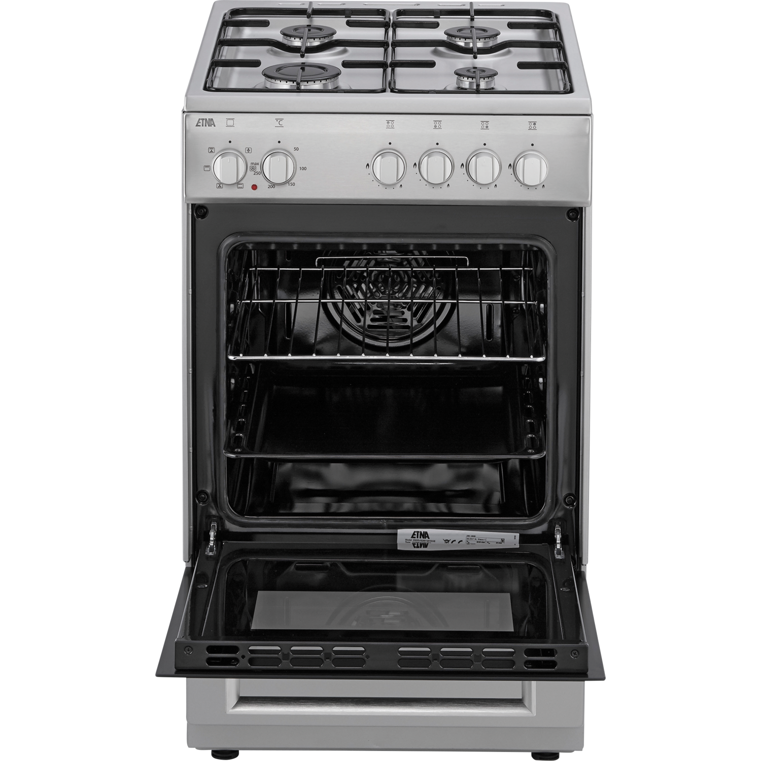De binnenkant van de open oven, met de rekken en het verwarmingselement.