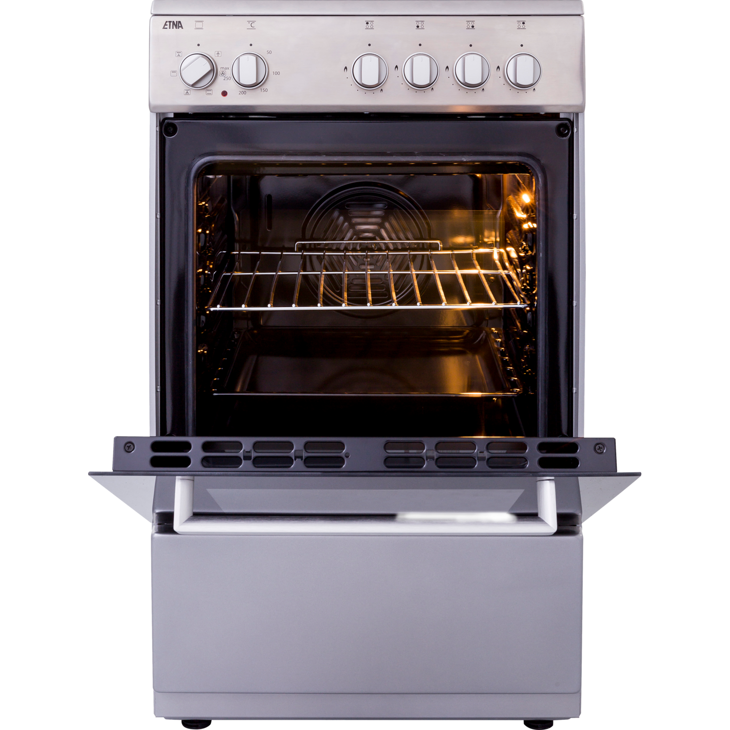 Een zilveren Etna-oven met de deur open, waarbinnen licht en roosters te zien zijn.