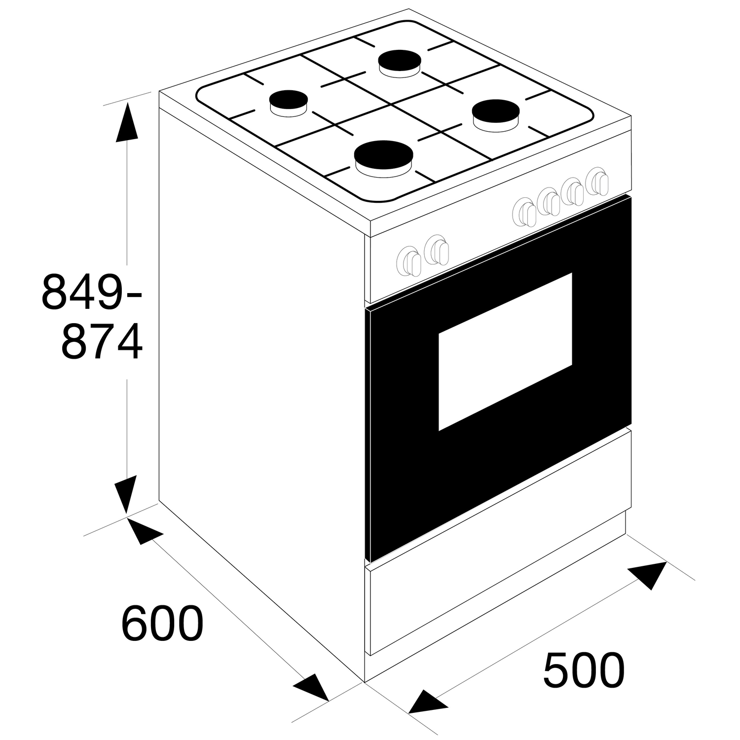 Een tekening van een vrijstaande gasoven met afmetingen in millimeters.