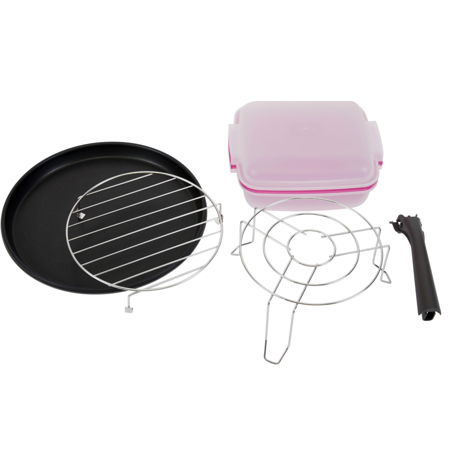 Diverse ovenaccessoires, waaronder een bakplaat, roosters en een roze bakje met deksel.