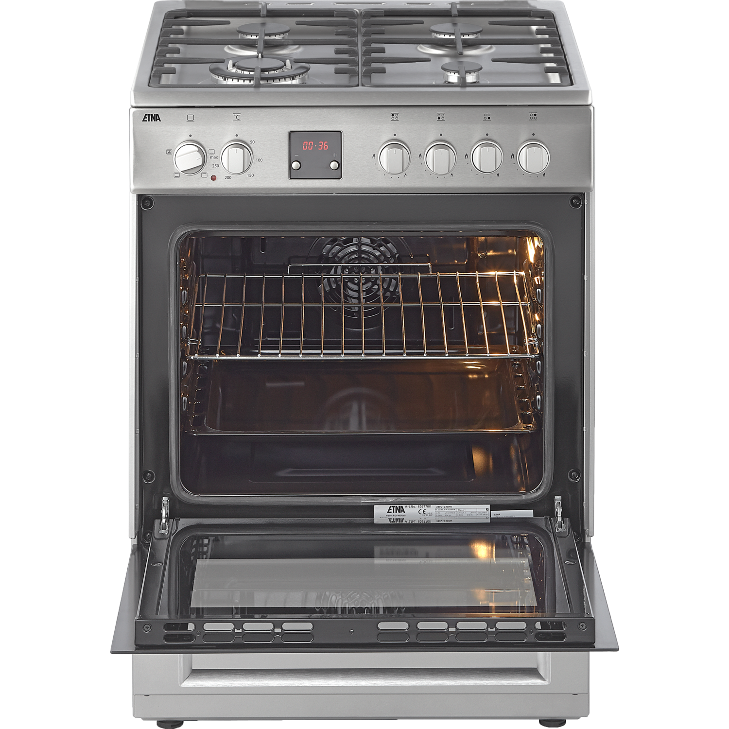 De open oven toont een digitale klok en een ventilator, met de deur op een kier.