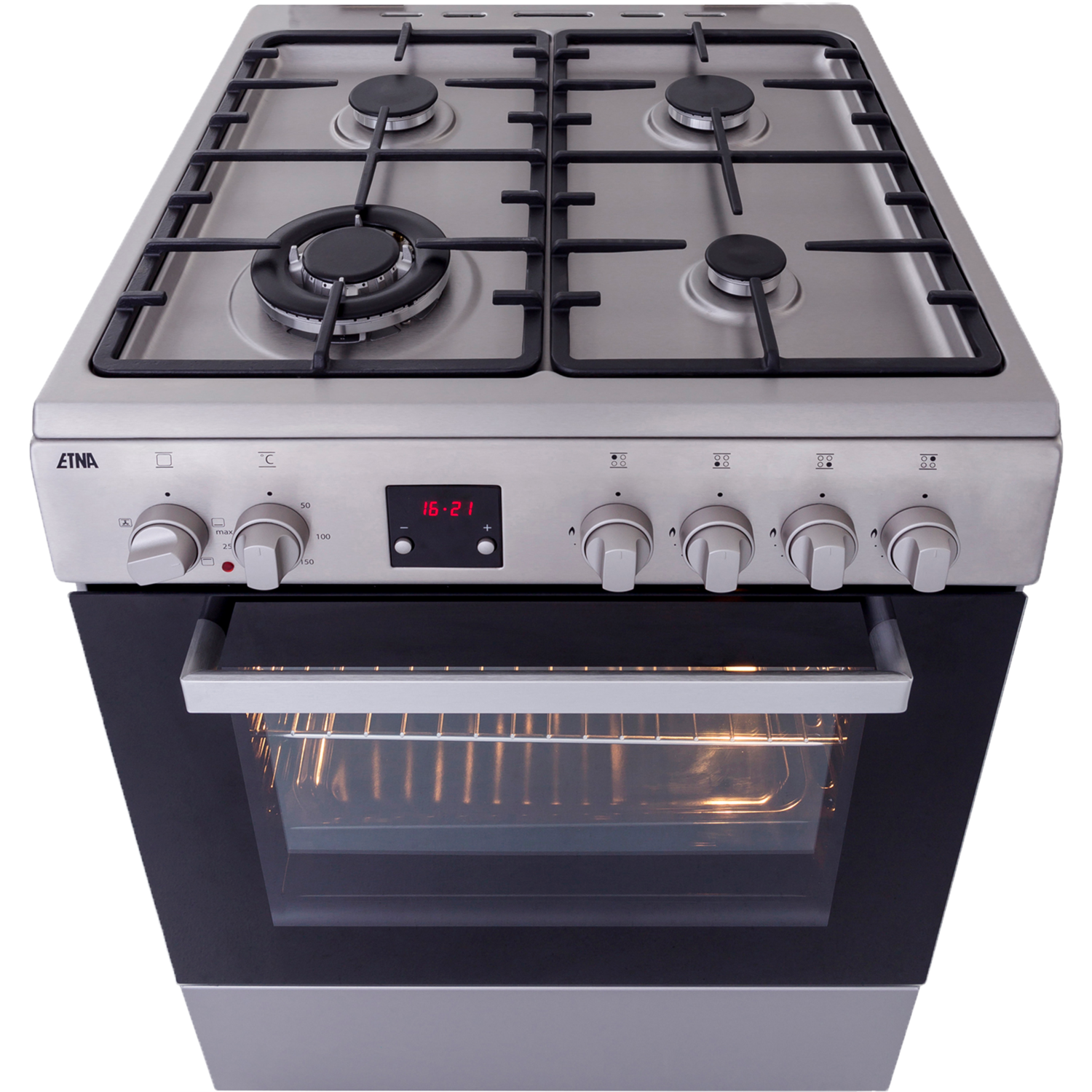Gasfornuis met open oven, met digitale klok en het interieur met een rooster.