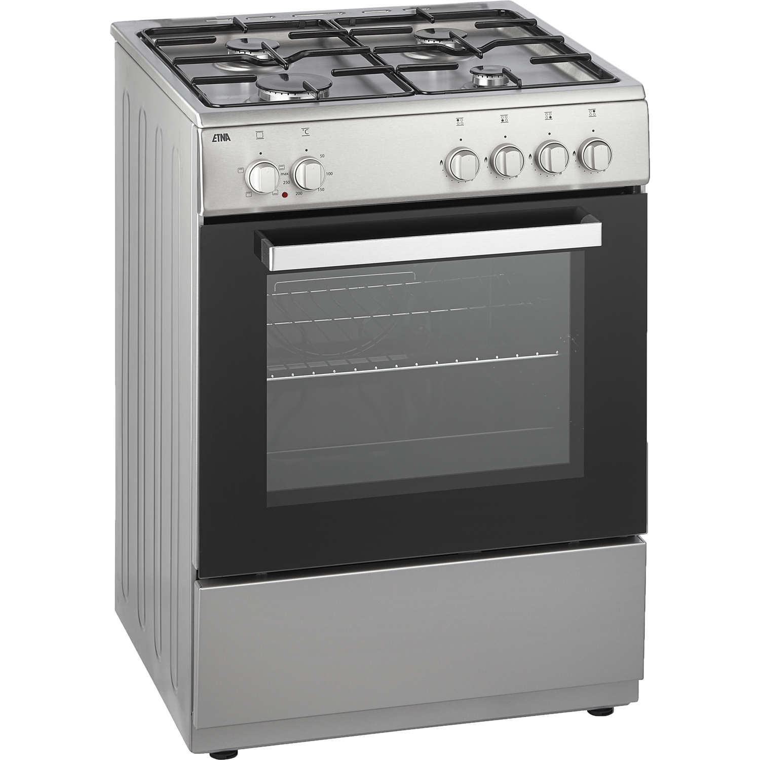 Een zilveren gasfornuis met vier branders, een oven en een opberglade.