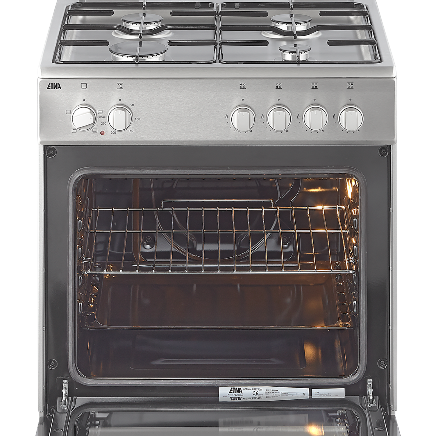 Een roestvrijstalen oven met een open deur, verlicht interieur, met een zichtbaar rek, tegen een zwarte achtergrond.