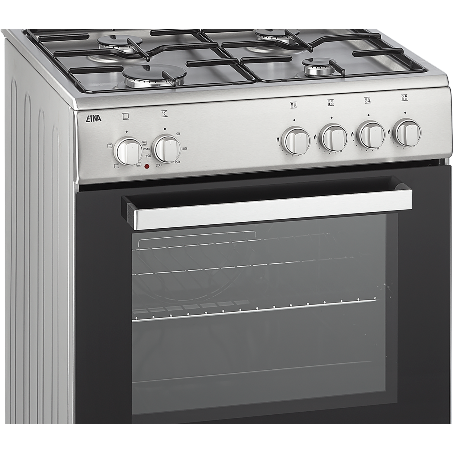 Een roestvrijstalen oven met een zwarte glazen deur. Knoppen en branders bovenop.