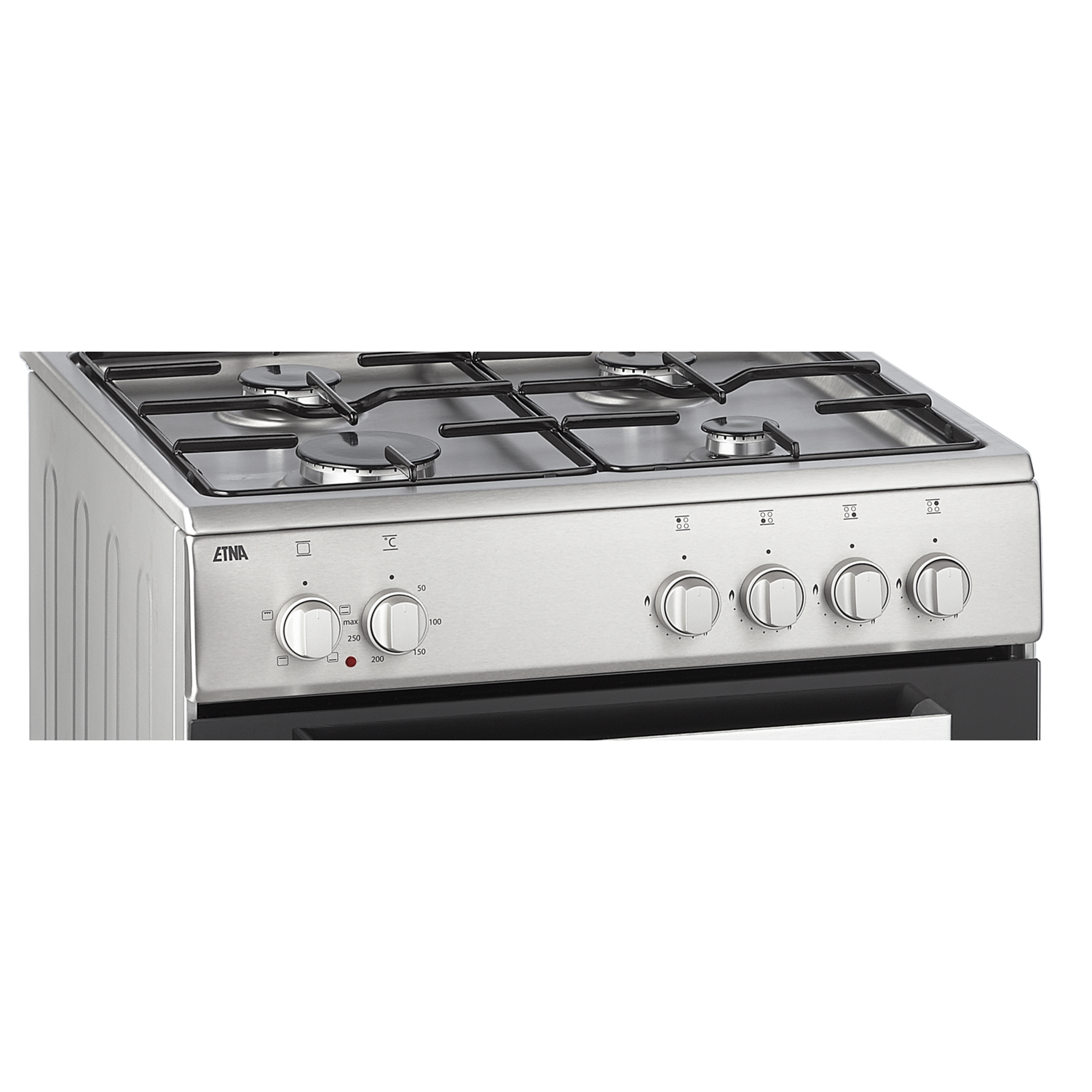 Een close-up van de bovenkant van een roestvrijstalen oven met gasbranders en bedieningsknoppen.