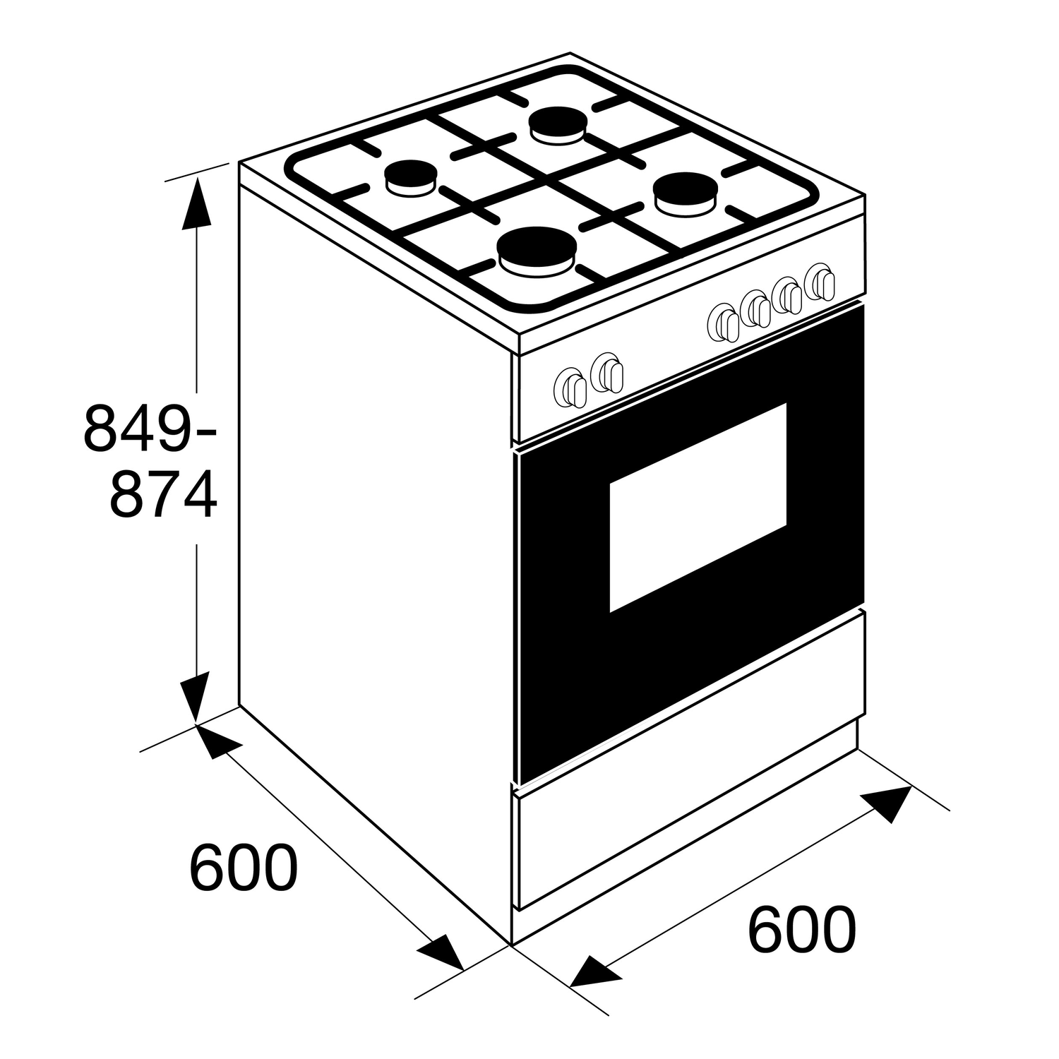 Diagram van een oven met afmetingen: 600mm x 600mm x 849-874mm, schuine weergave.