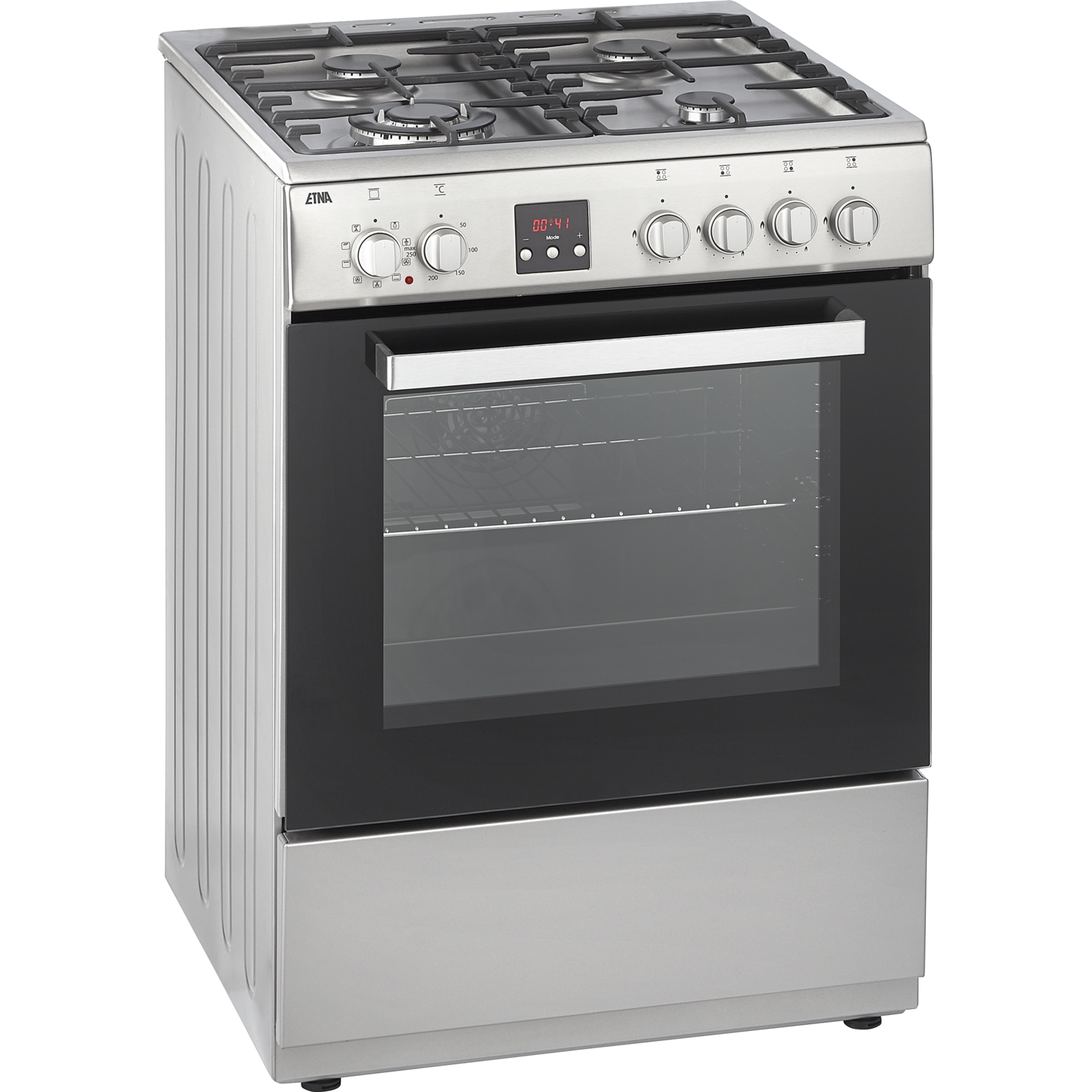 Een oven met een open deur, binnenverlichting aan, met een ventilator en rek zichtbaar, tegen een zwarte achtergrond.