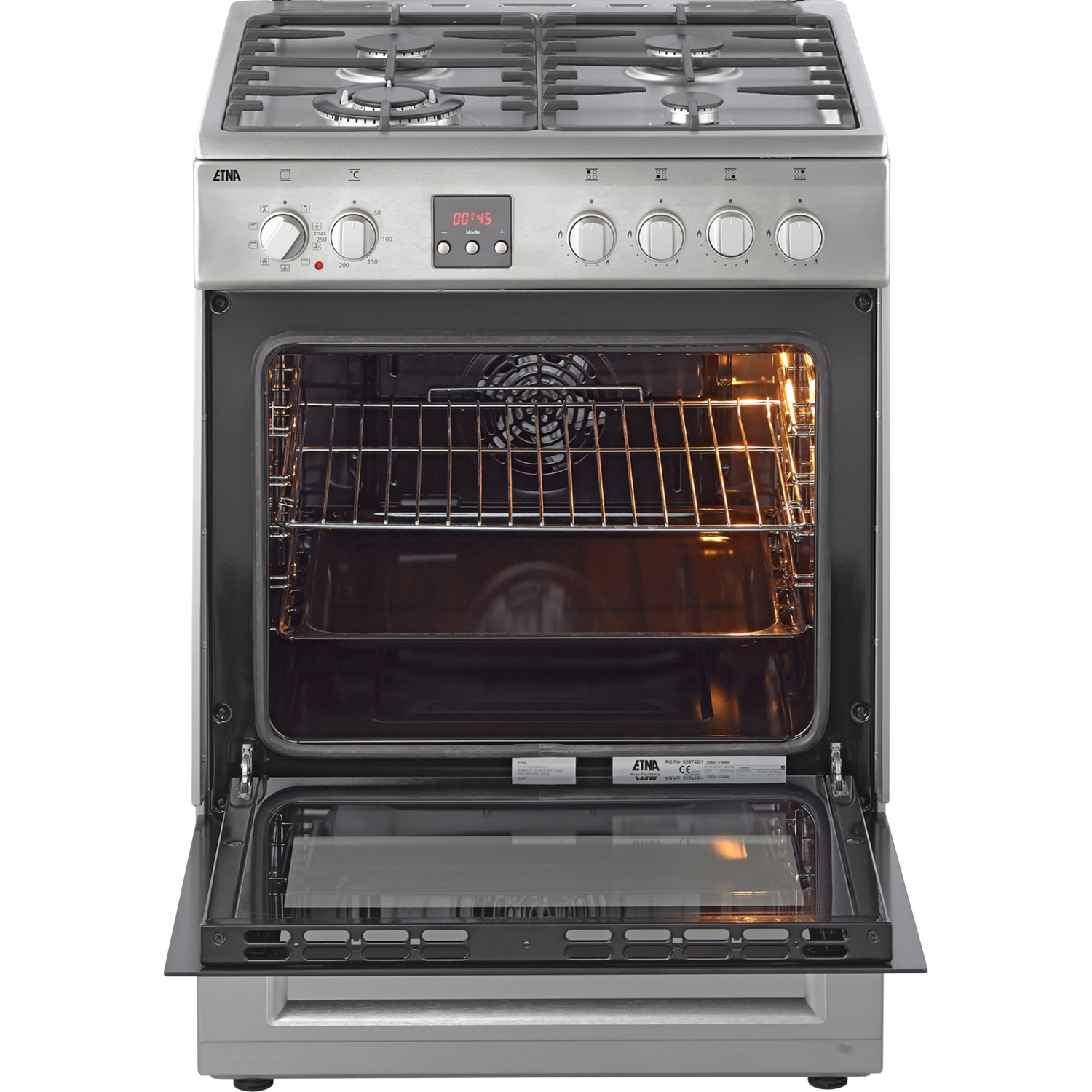 Een roestvrijstalen oven met een open deur, verlicht interieur, met een rek en ventilator zichtbaar, tegen zwart.