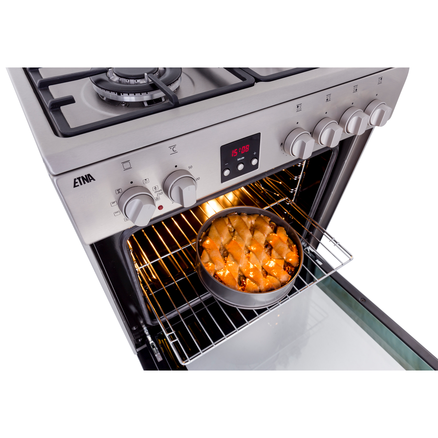 Een oven met een cake erin, bovenaanzicht.