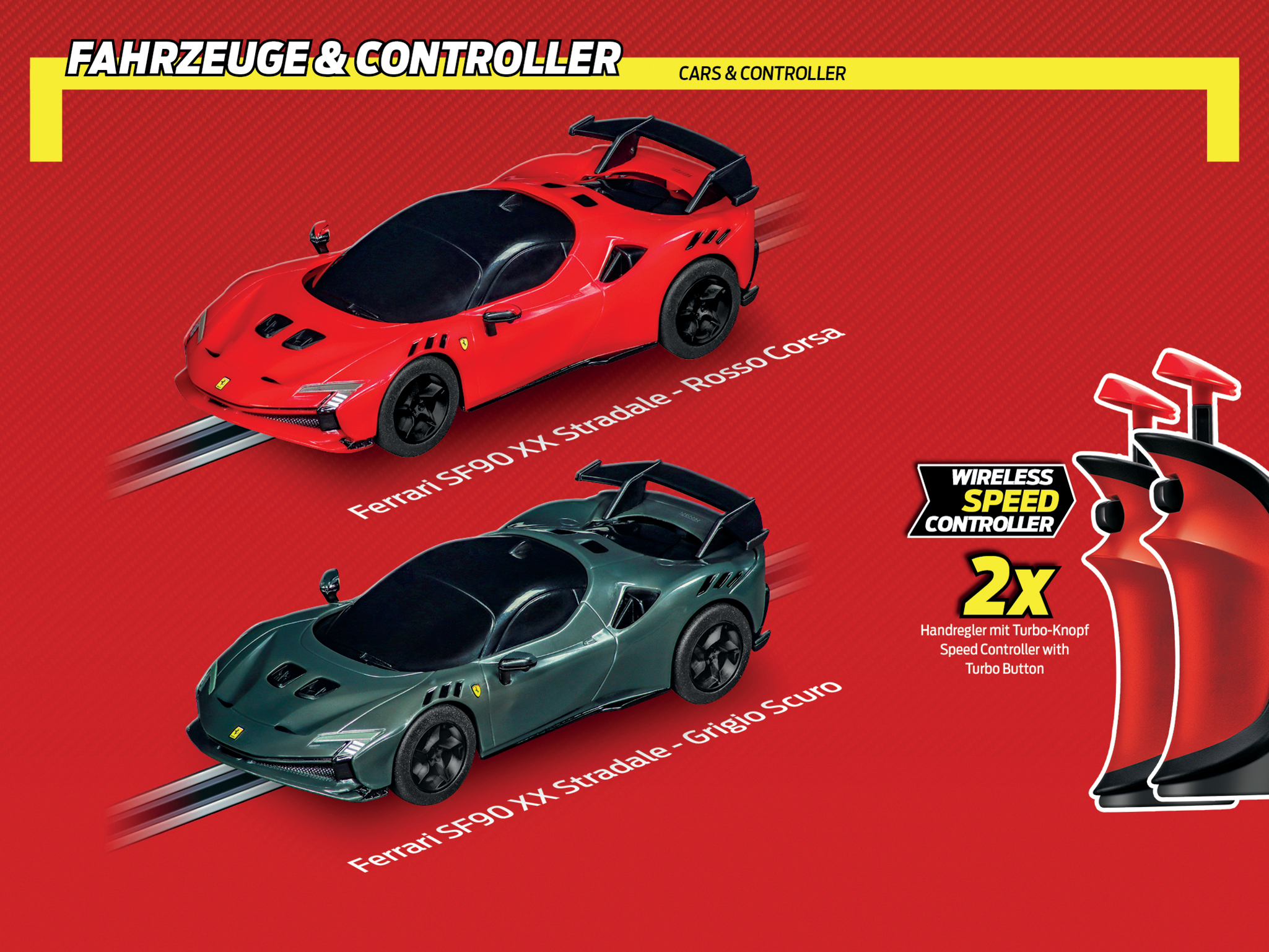 Rote und grüne Spielzeugautos mit Text über Ferrari, auf rotem Hintergrund.