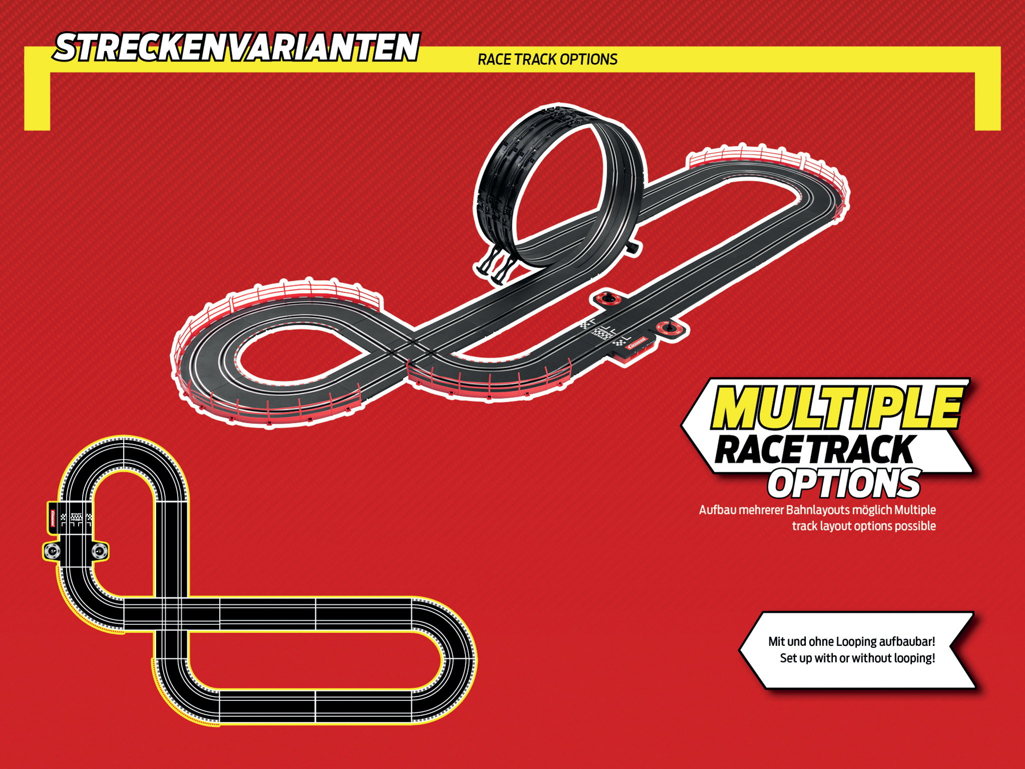 Diagramm mit Rennstreckenoptionen. Zwei Streckenlayouts sind auf rotem Hintergrund dargestellt.