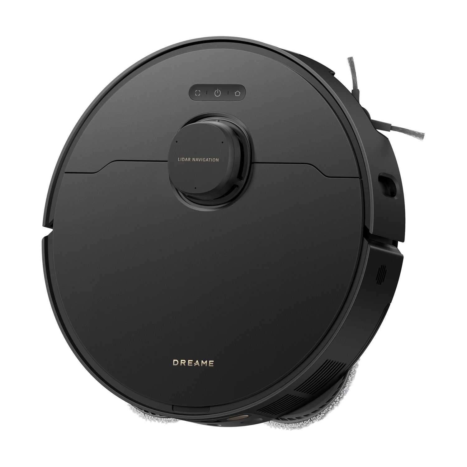 Aspirapolvere robot rotondo nero. Ha un sensore lidar e vari pulsanti di controllo.