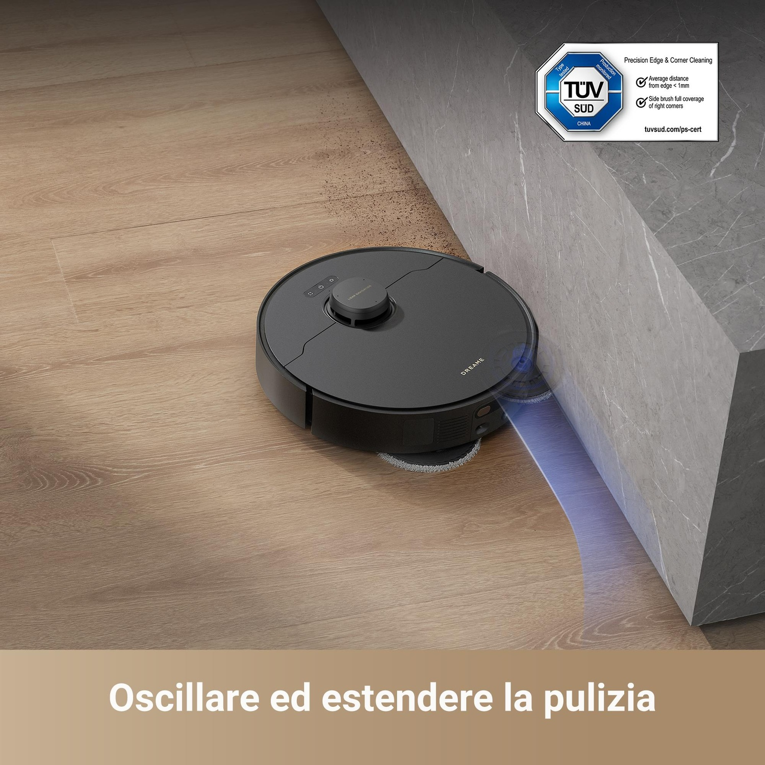 Aspirapolvere robot che pulisce vicino a un muro e un angolo. Mostra la pulizia dei bordi.