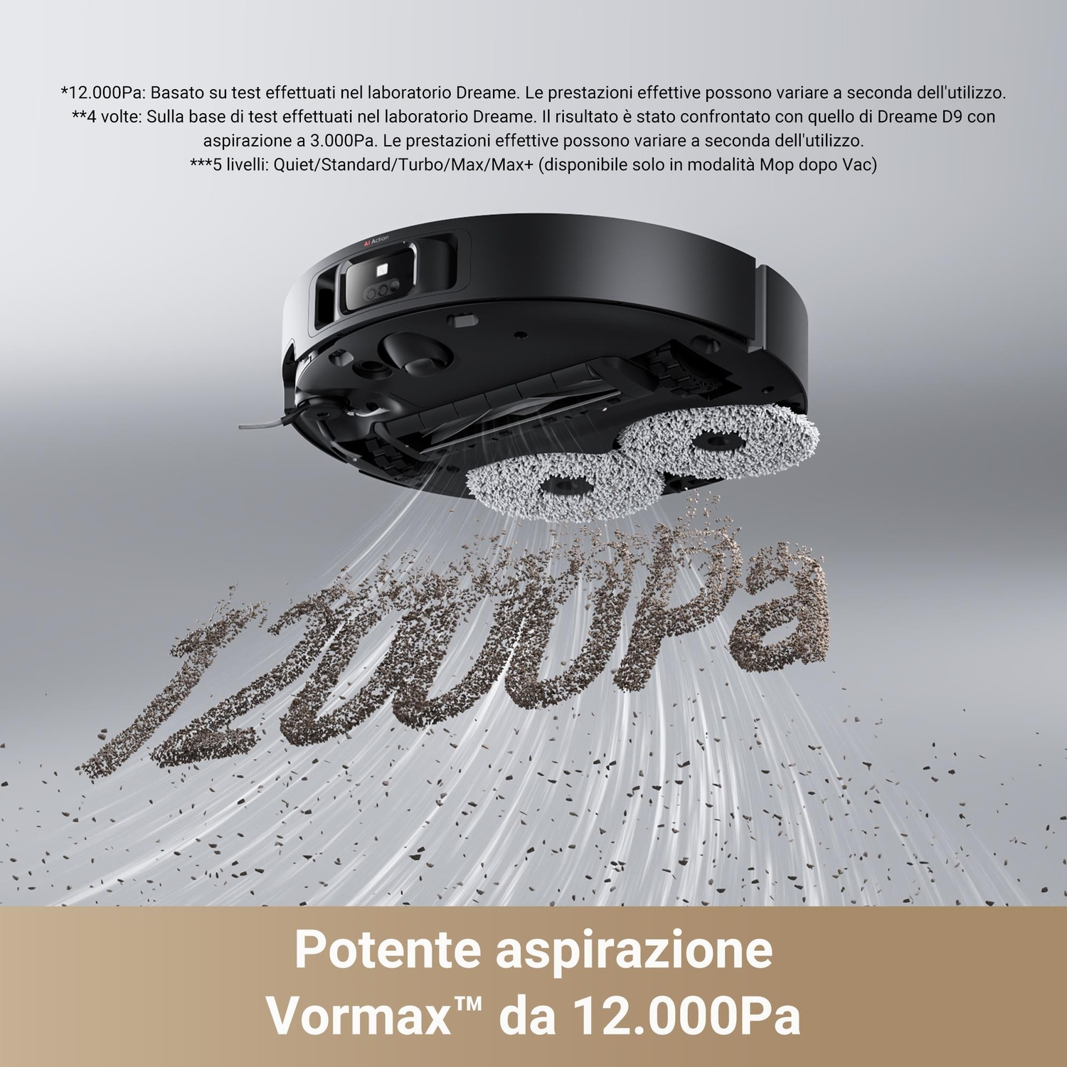 Aspirapolvere robot con polvere e detriti, che dimostra una potente aspirazione di 12.000Pa.