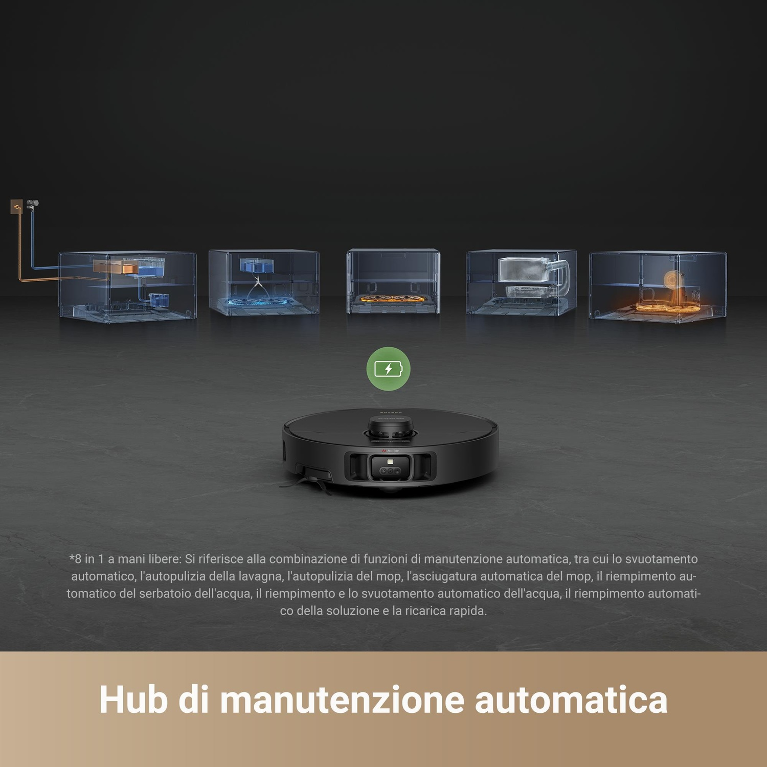 Aspirapolvere robot nero con pulsante di accensione verde e display, con varie stazioni di pulizia.