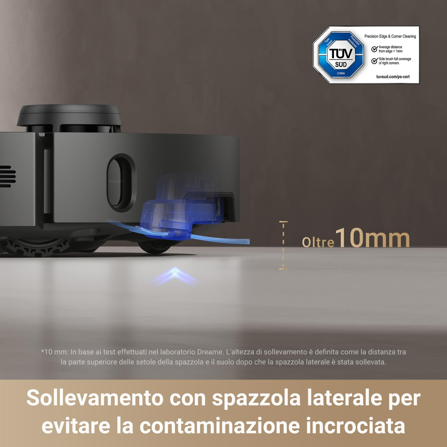 Aspirapolvere robot con luce blu che mostra l'area di pulizia.