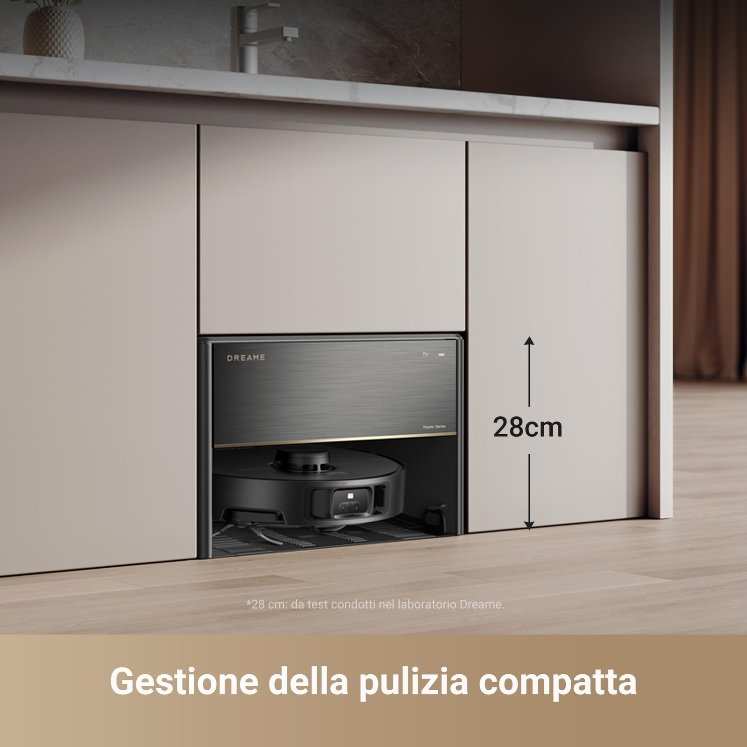 Aspirapolvere robot all'interno di un mobile. L'immagine mostra la gestione della pulizia.