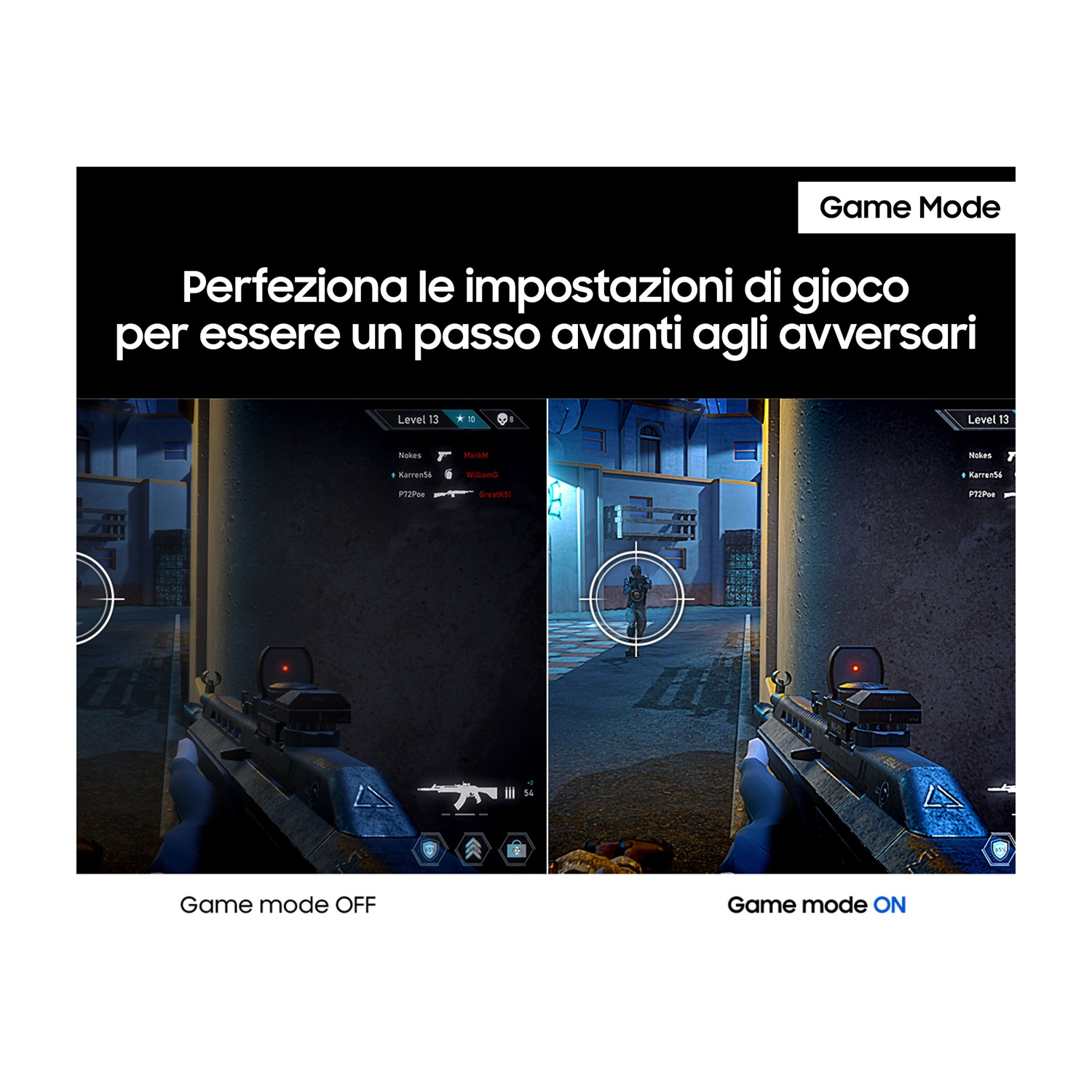 Uno schermo di gioco con la stessa scena, uno con la modalità di gioco disattivata e uno con la modalità di gioco attivata.