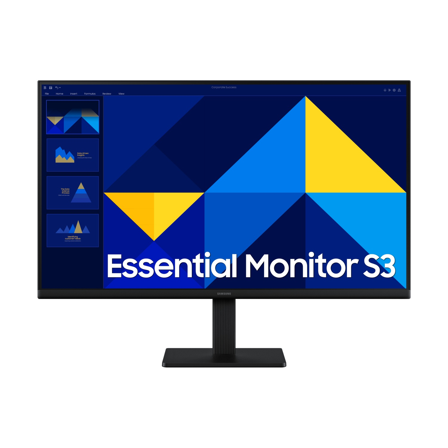 Un monitor nero con una presentazione visualizzata sullo schermo. In basso c'è scritto 'Essential Monitor S3'.