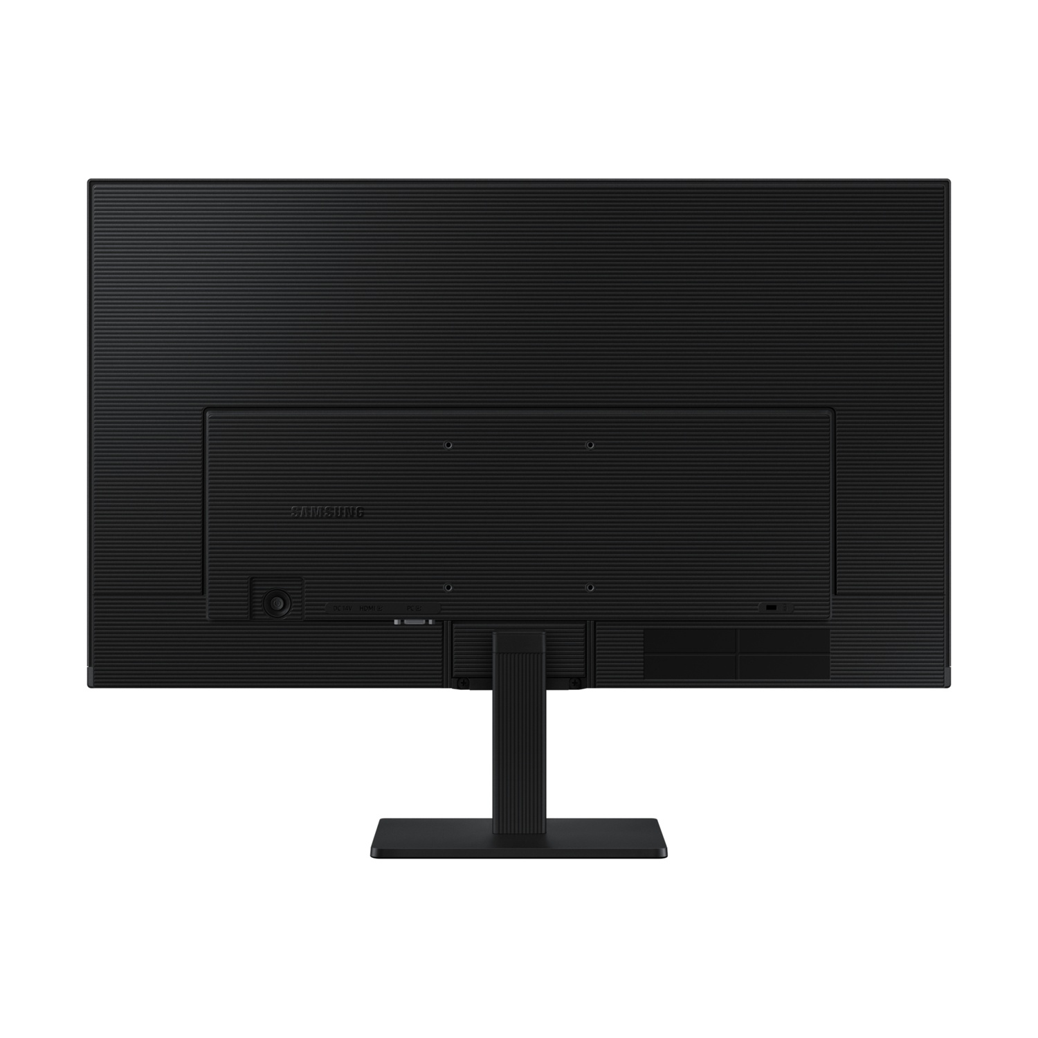 Il retro di un monitor nero con logo Samsung e varie porte.