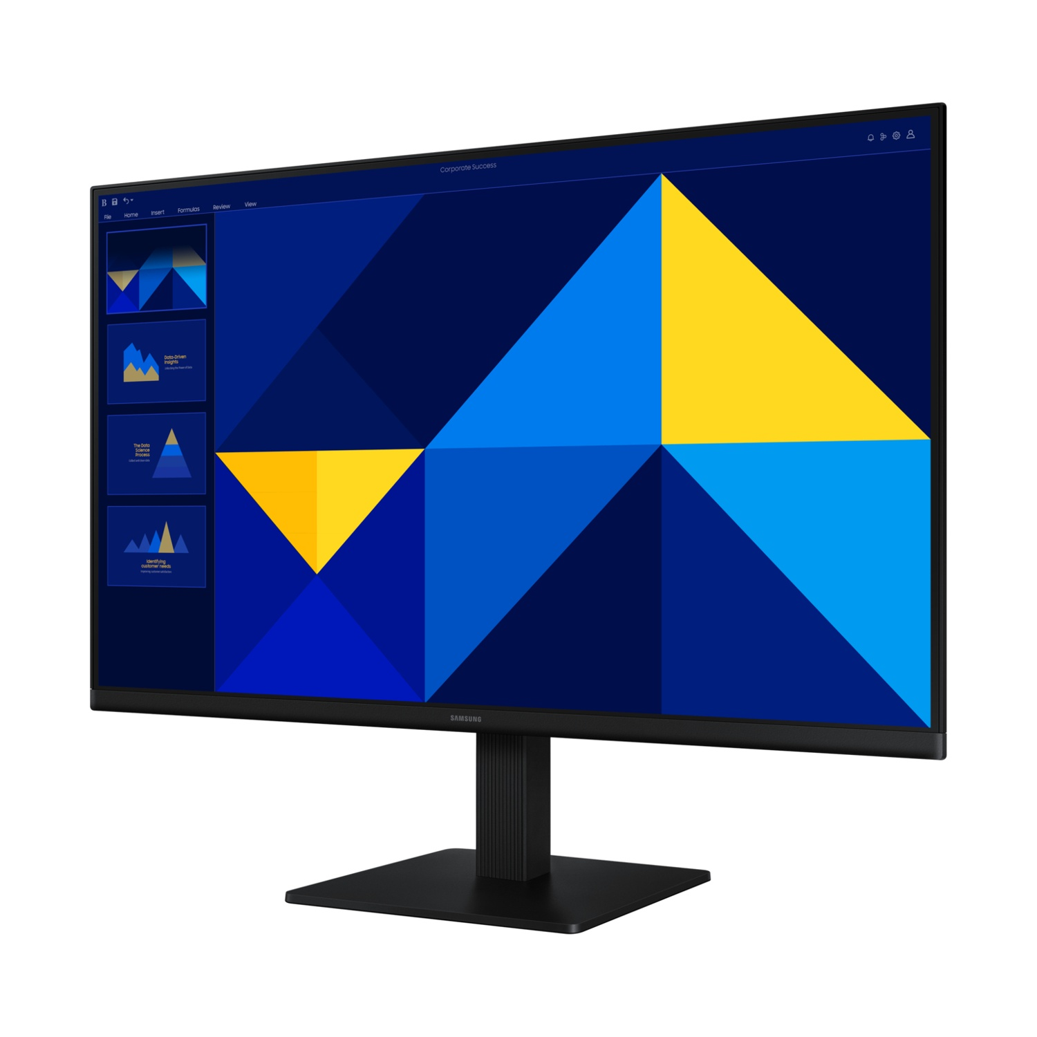Monitor nero che mostra una presentazione con forme blu e gialle.