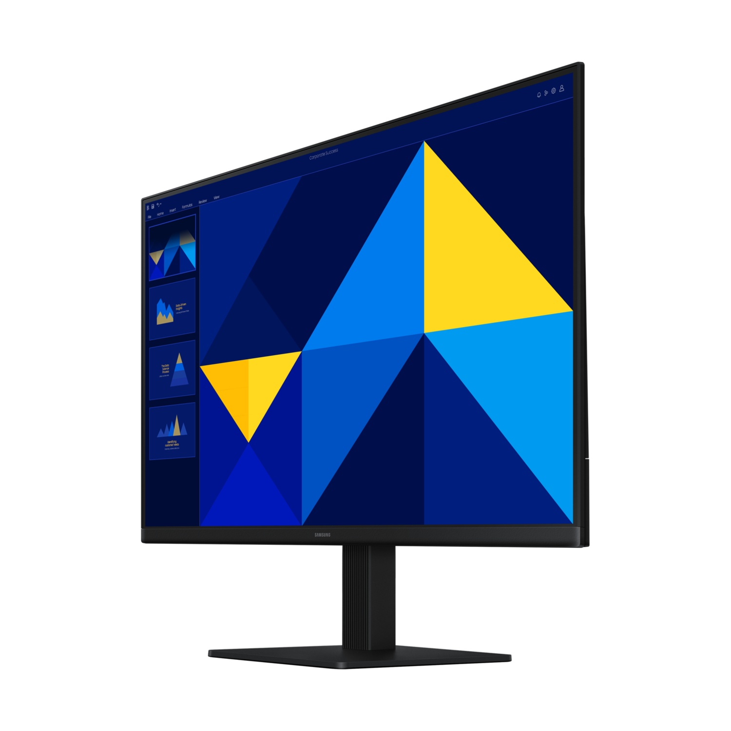 Un monitor nero mostra un motivo geometrico di forme blu e gialle.