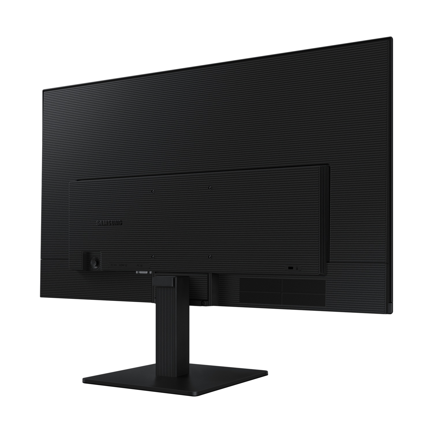 Retro di un monitor nero su un supporto nero.