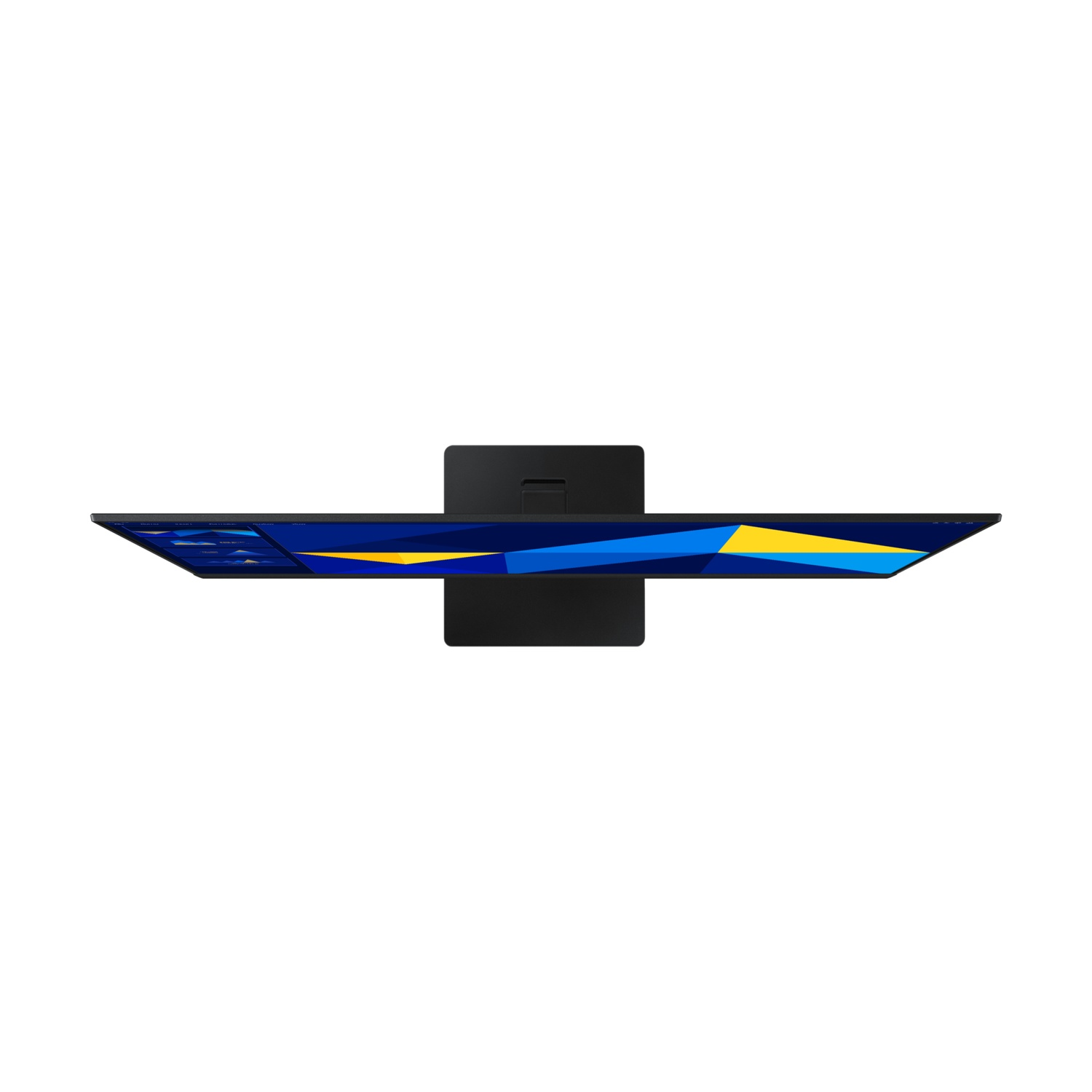 Un monitor dall'alto. Lo schermo mostra un design geometrico blu e giallo.