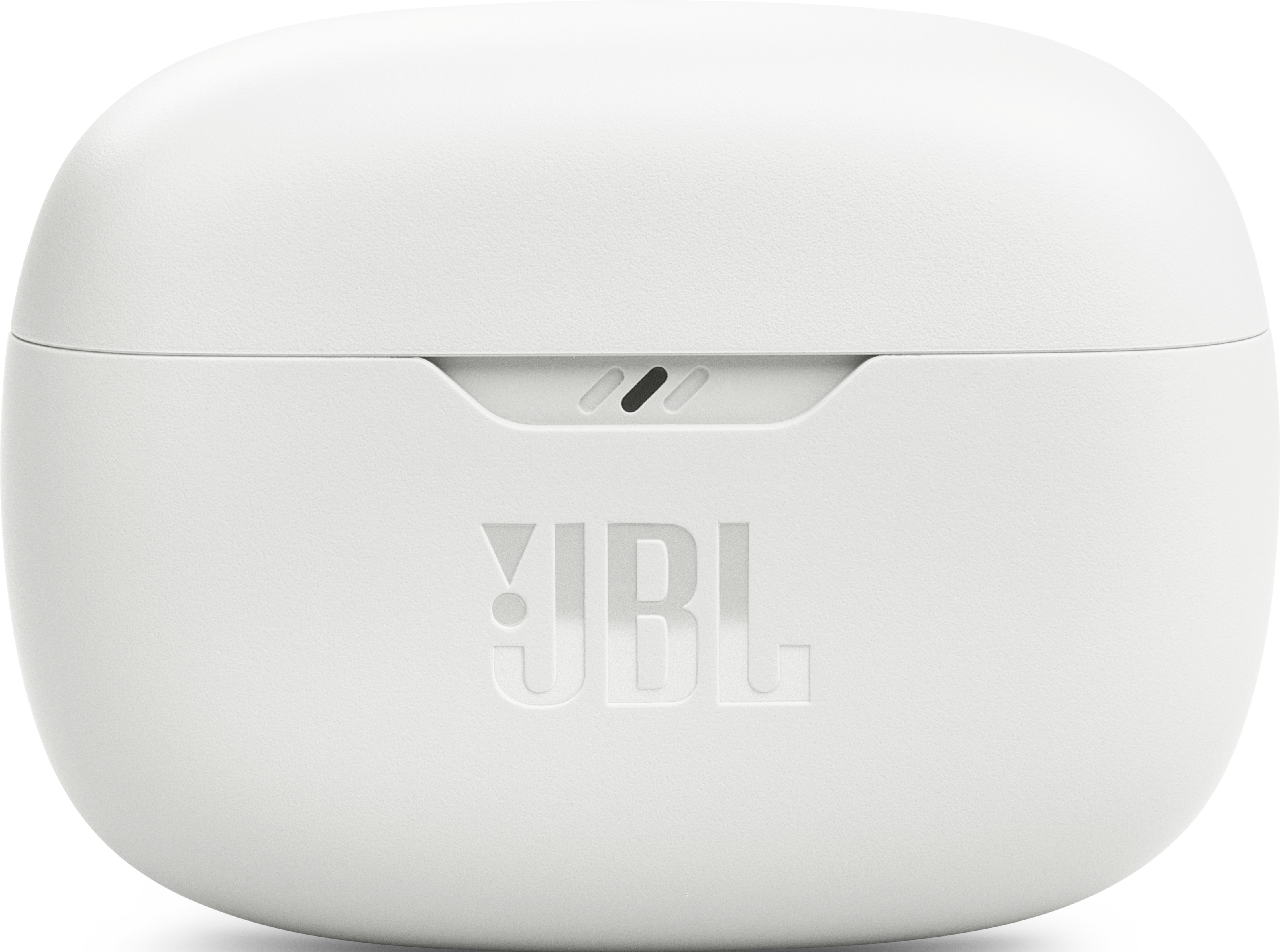 Un étui de chargement blanc pour les écouteurs JBL. L'étui porte le logo JBL.