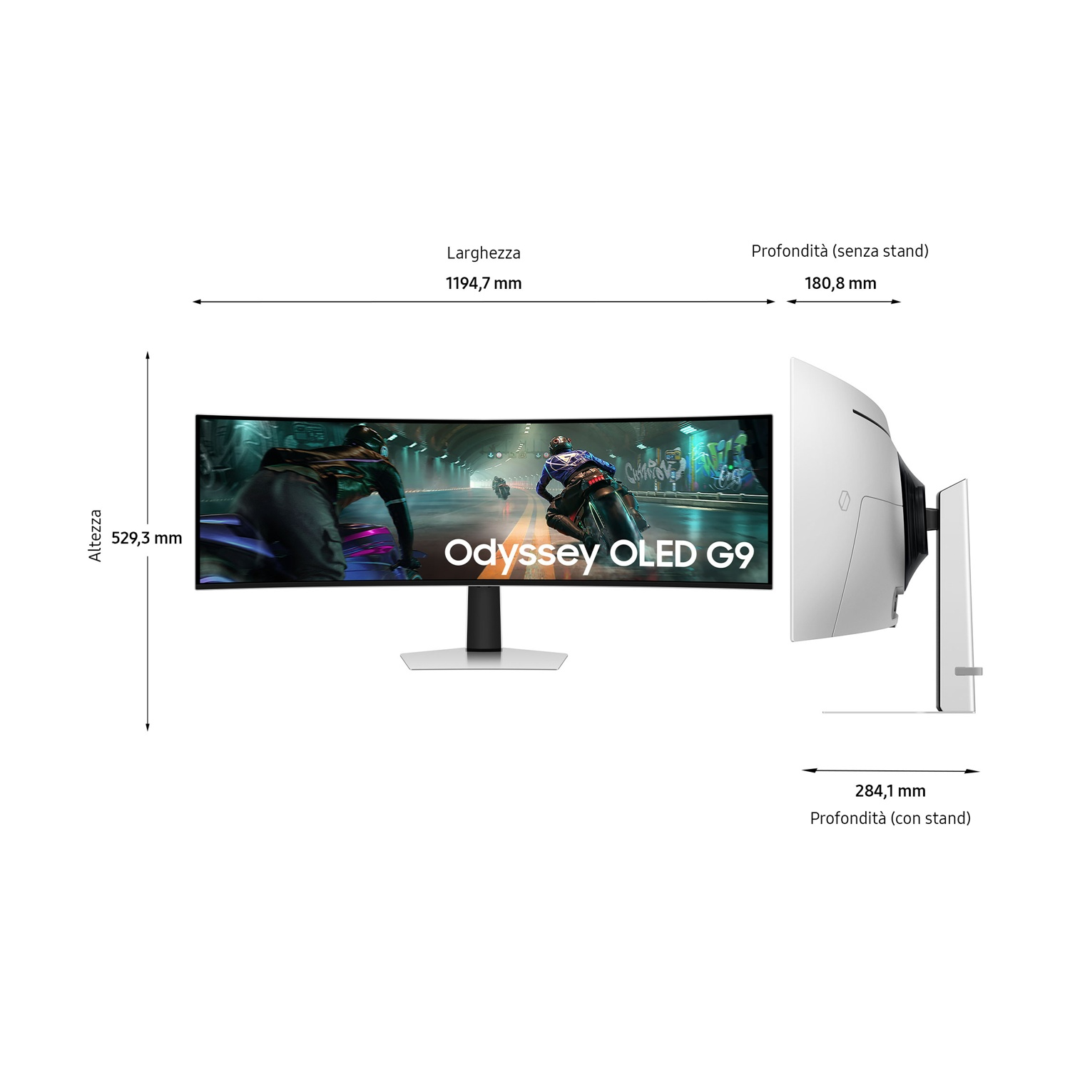 Monitor OLED G9 curvo, con misure e vista laterale.