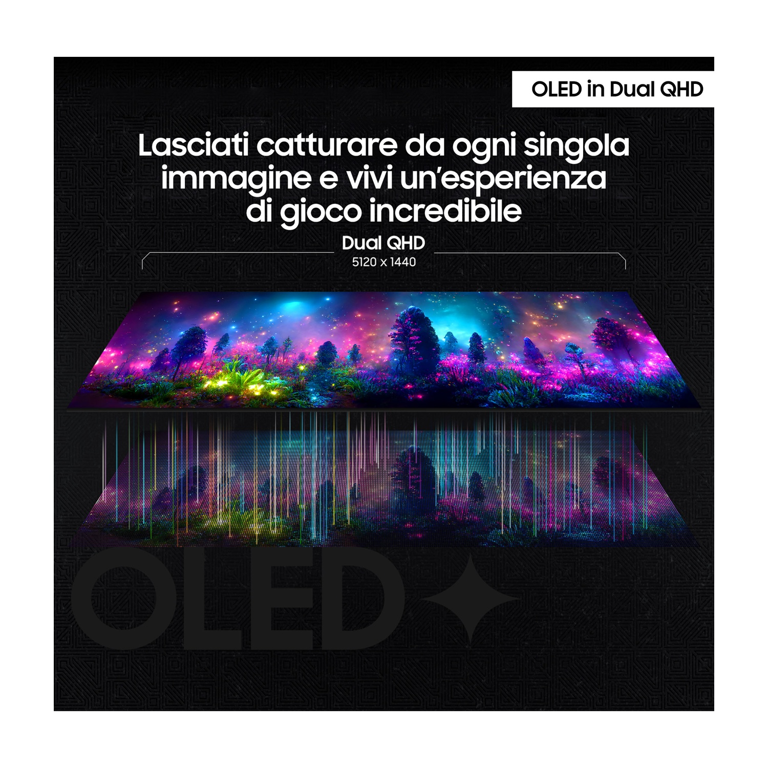 Un display curvo che mostra un'immagine colorata.