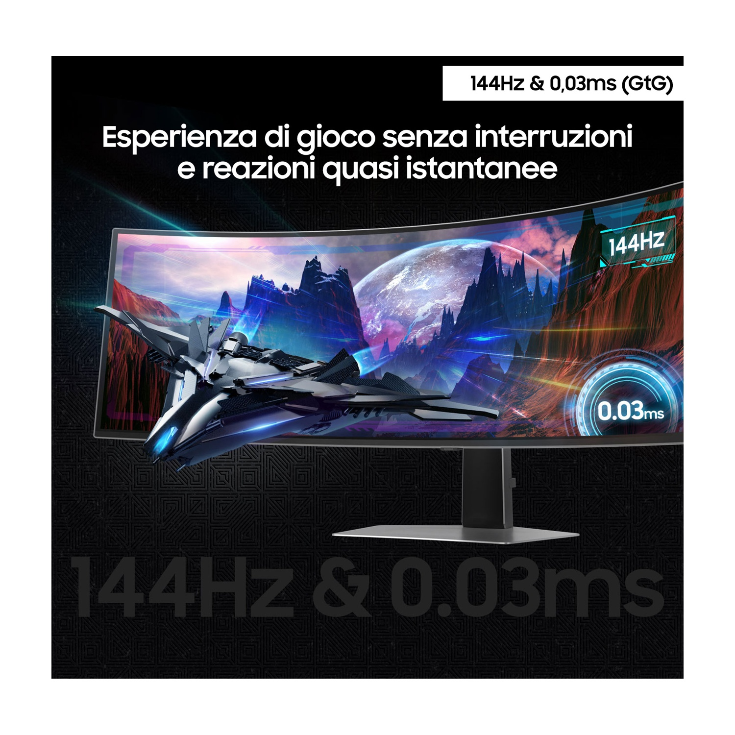 Monitor gaming che mostra un gioco con un'astronave, con testo che indica 144Hz e 0,03ms.