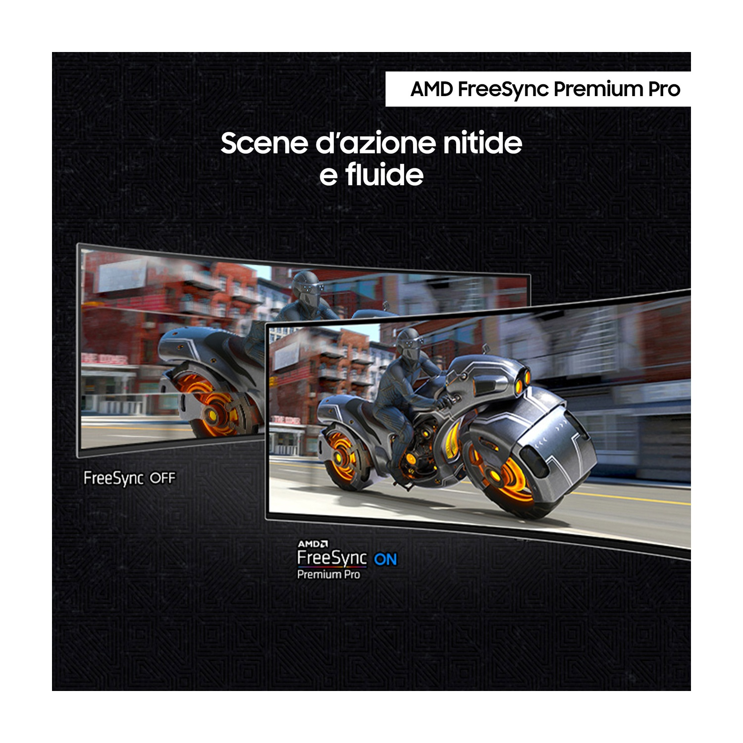 L'immagine mostra un monitor con FreeSync spento e acceso. La versione attiva mostra una moto in una strada.