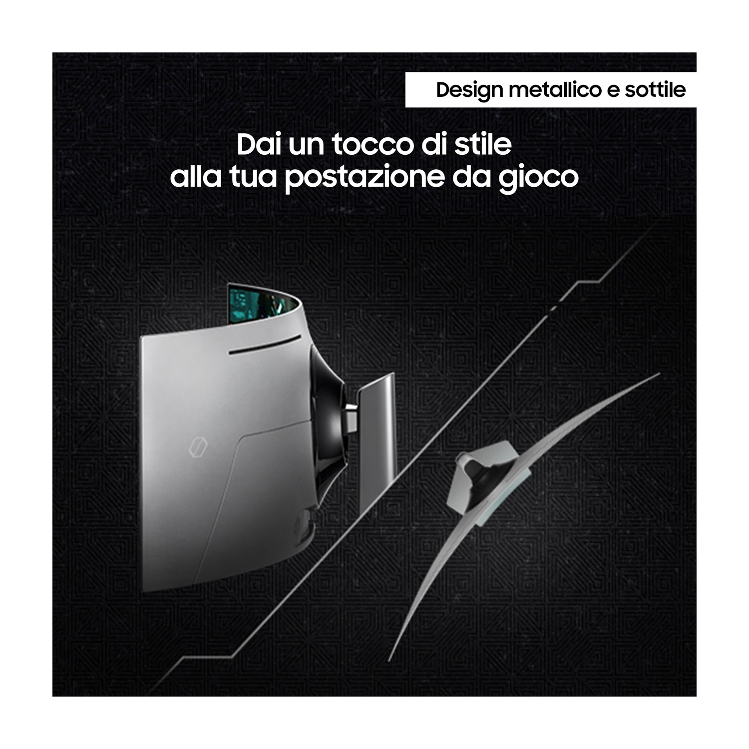 Un monitor argento dal design metallico e sottile, sono visibili il supporto e lo schermo curvo del monitor.
