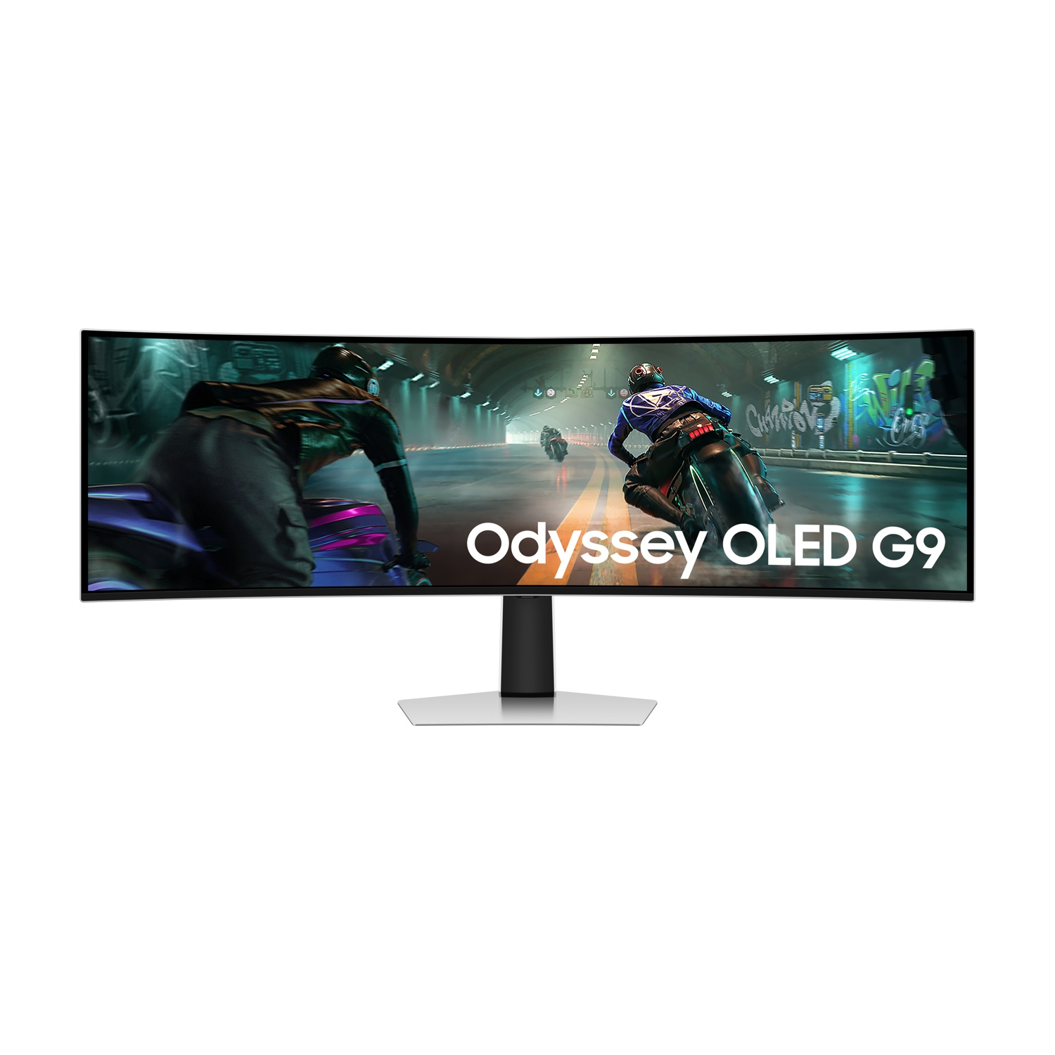 Monitor curvo che mostra un gioco di corse. Due moto corrono su una pista. Il monitor è su un supporto.